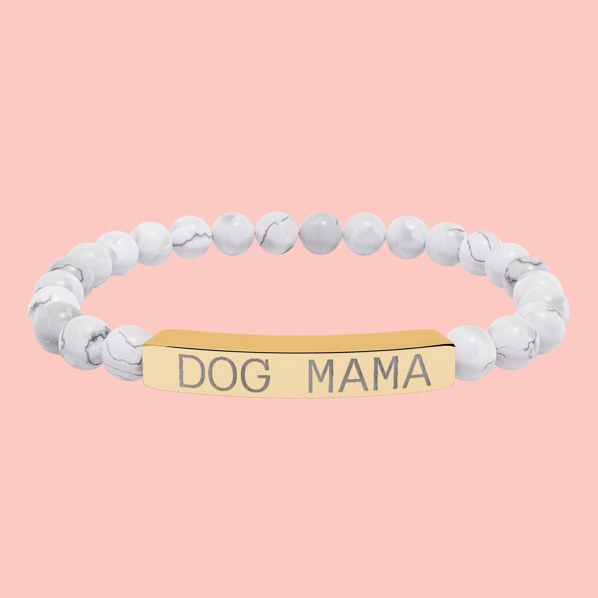 Dog Mama Natural Stone Stretch Bracelet — Engraved Bar Beaded Bracelet