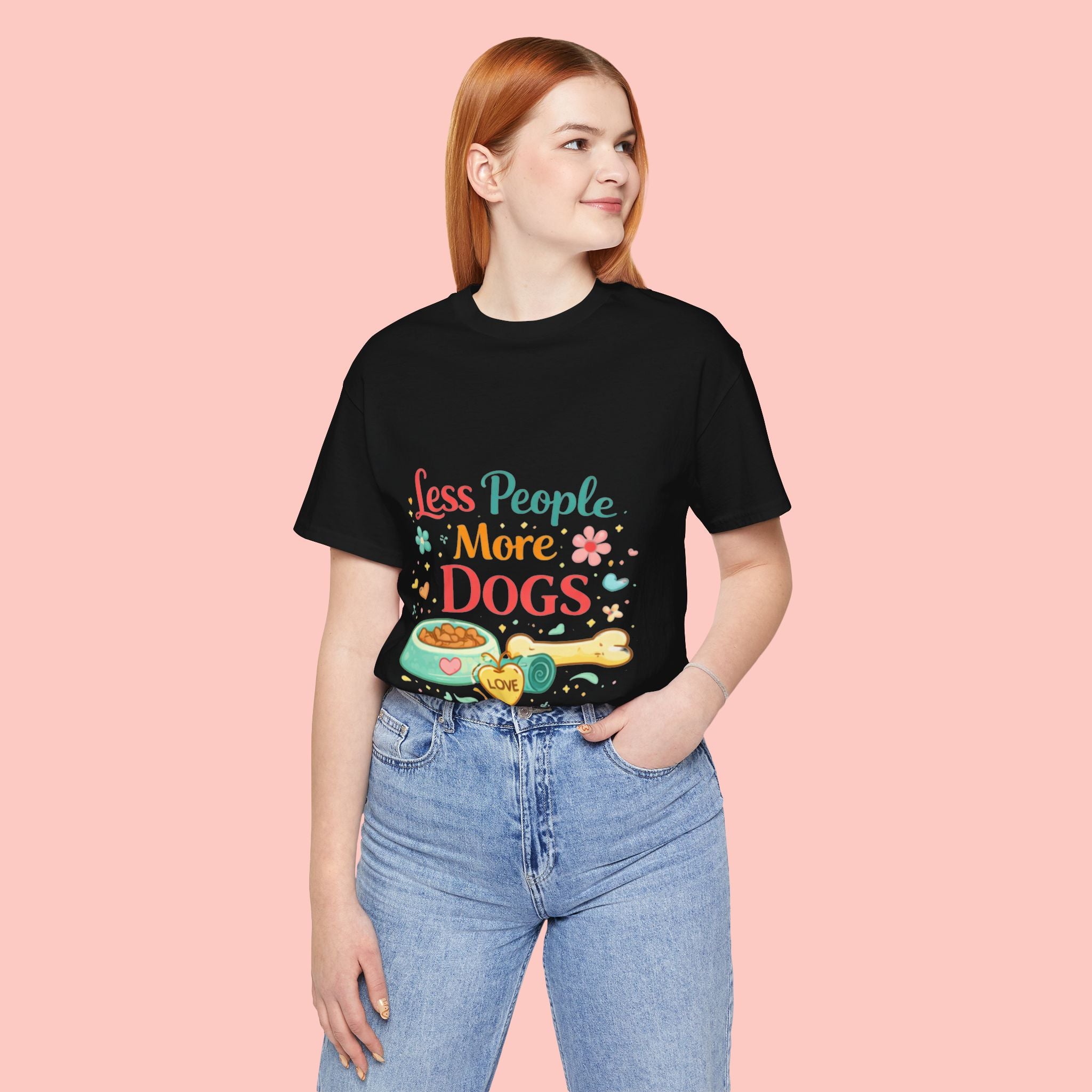 Less People More Dogs T-Shirt – Cute Dog Bowl & Bone Graphic Tee