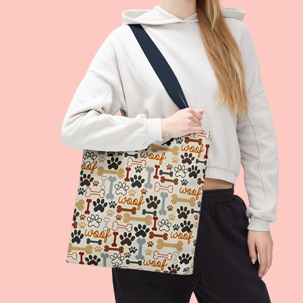 Dog Paw & Bone Pattern Tote Bag — 'Woof' All-Over Print Canvas Tote