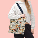 Dog Paw & Bone Pattern Tote Bag — 'Woof' All-Over Print Canvas Tote