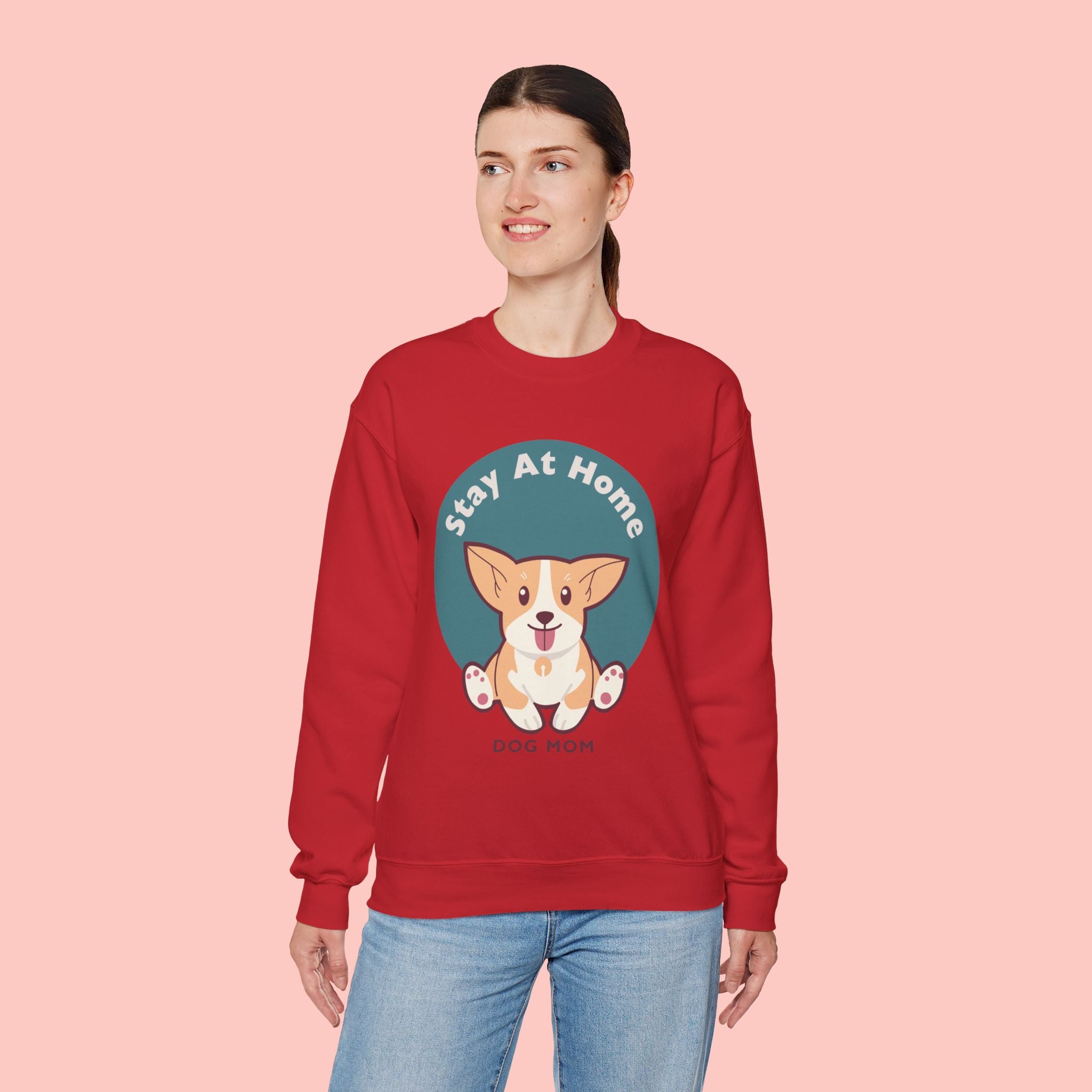 Stay At Home Dog Mom Crewneck Sweatshirt — Cute Corgi Graphic Sweatshirt