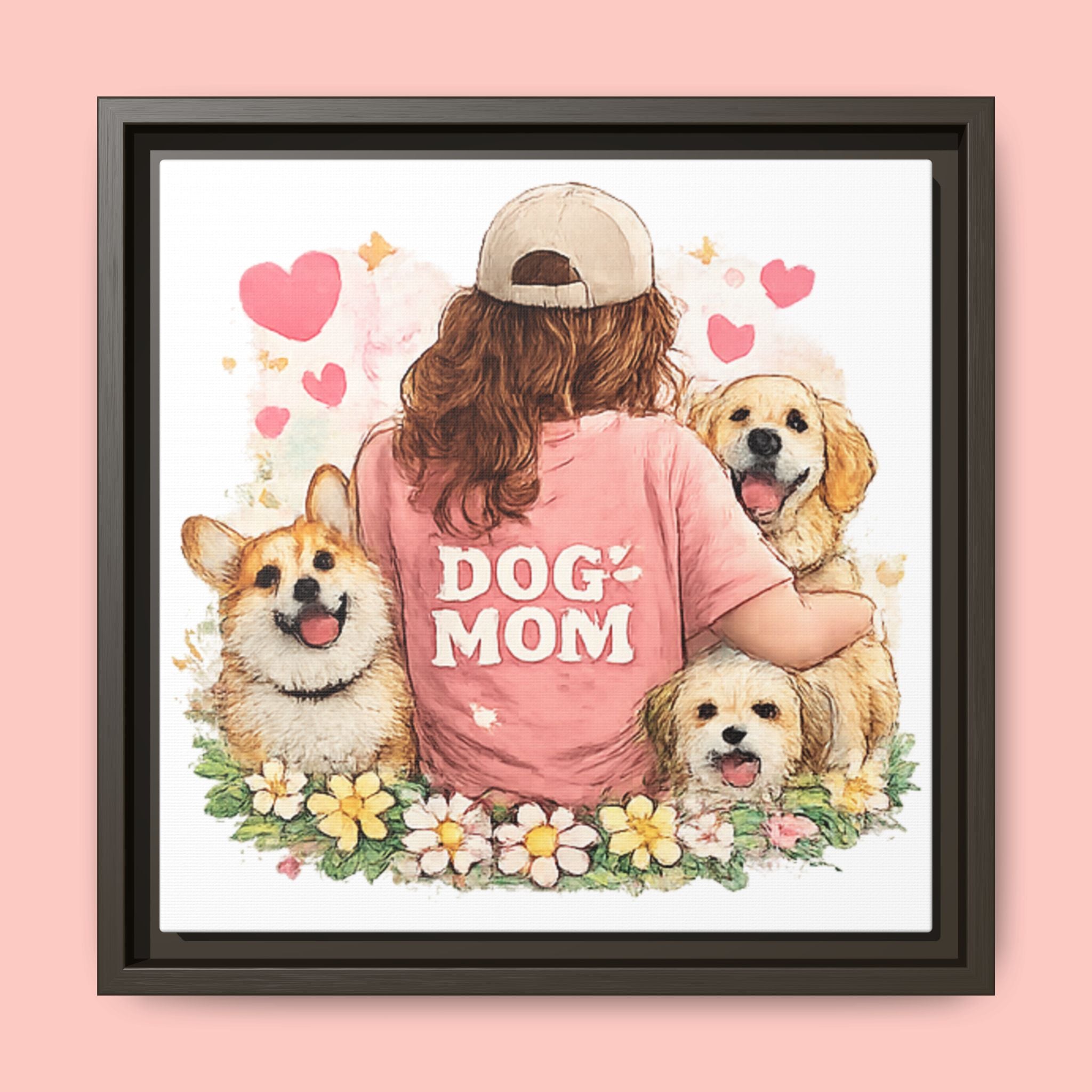 Dog Mom Canvas Print — Framed Matte Wall Art with Cute Dogs & Hearts