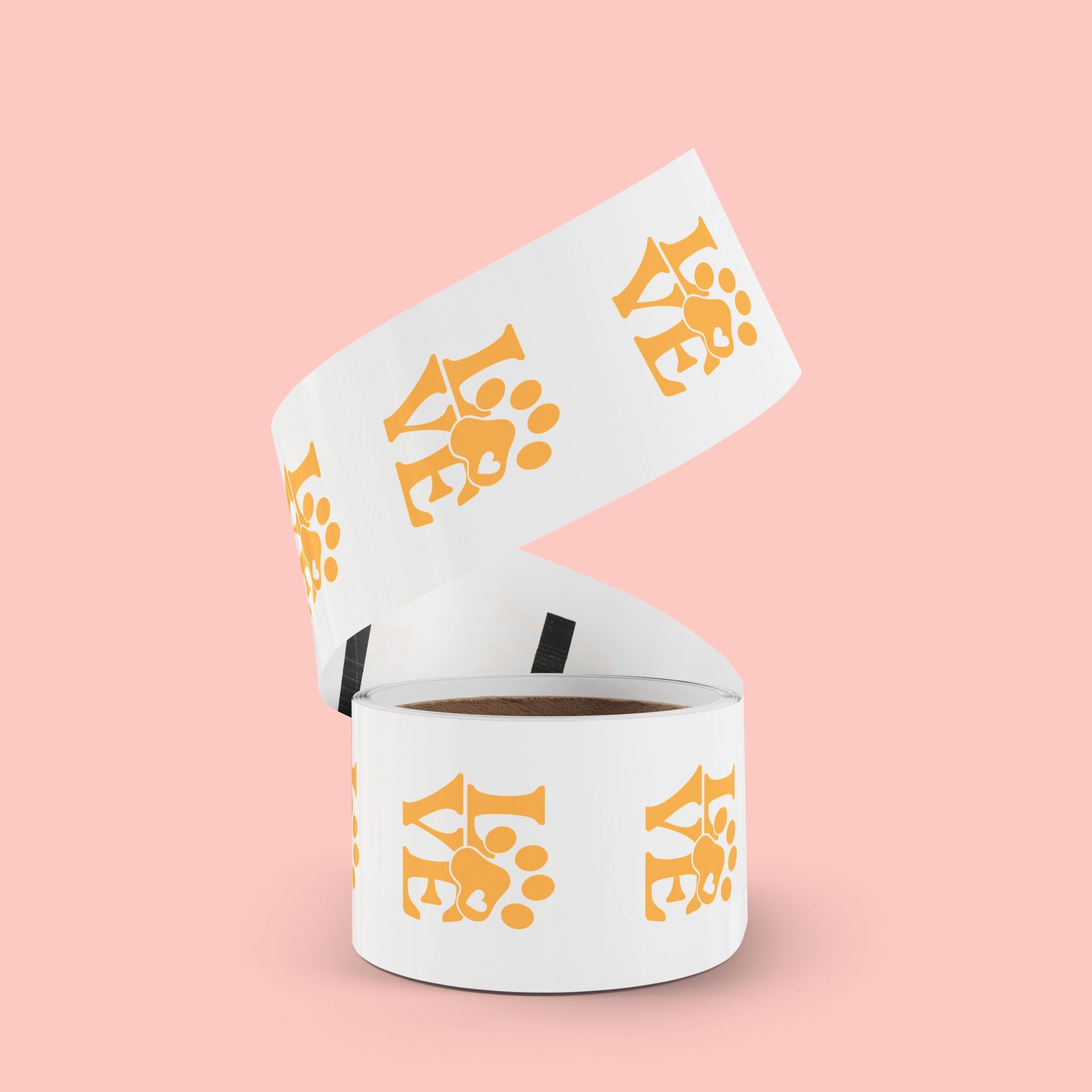 Round Pet Love Sticker Labels — Paw Print "LOVE" Roll