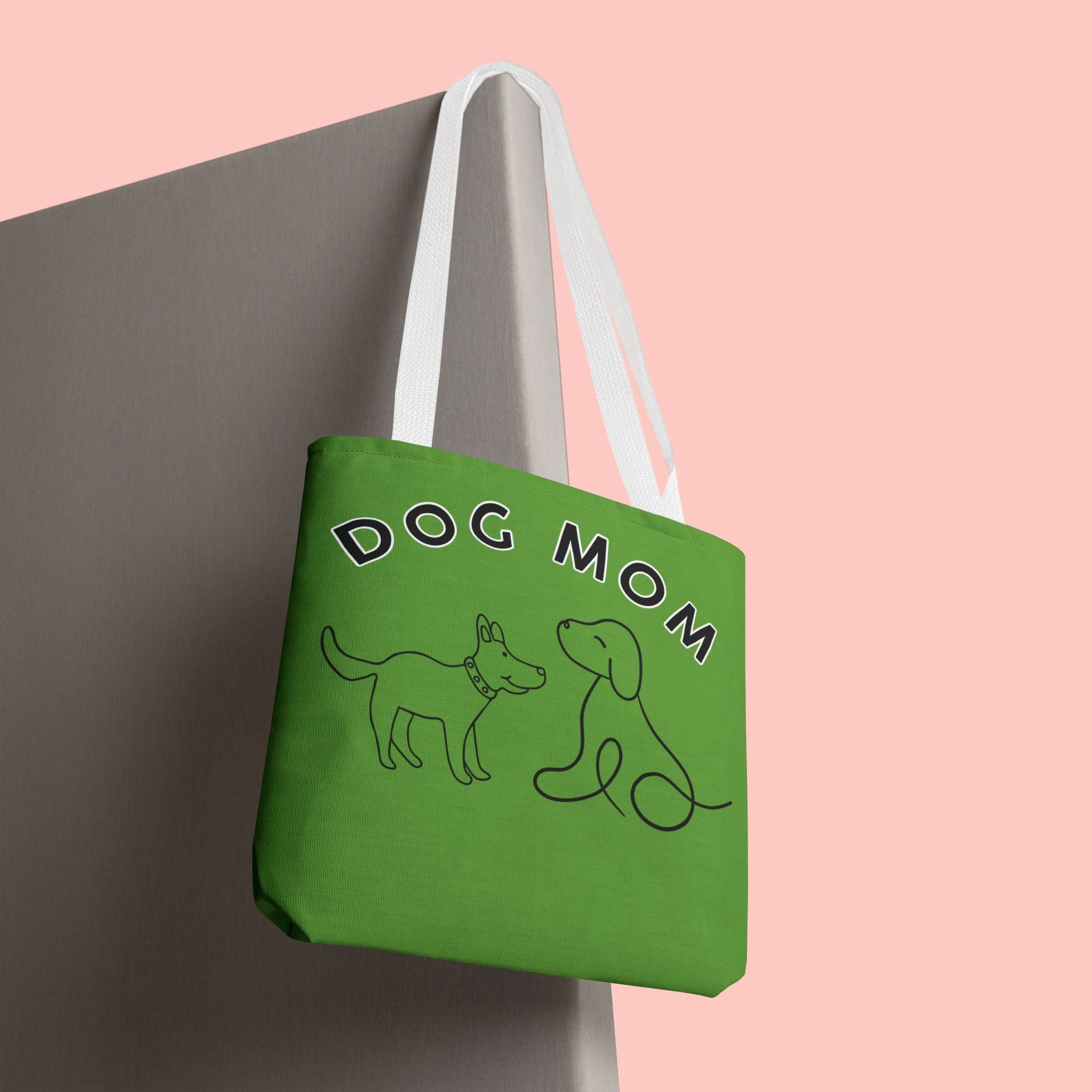 Dog Mom Tote Bag — Green All-Over-Print Cute Line-Drawing Dogs