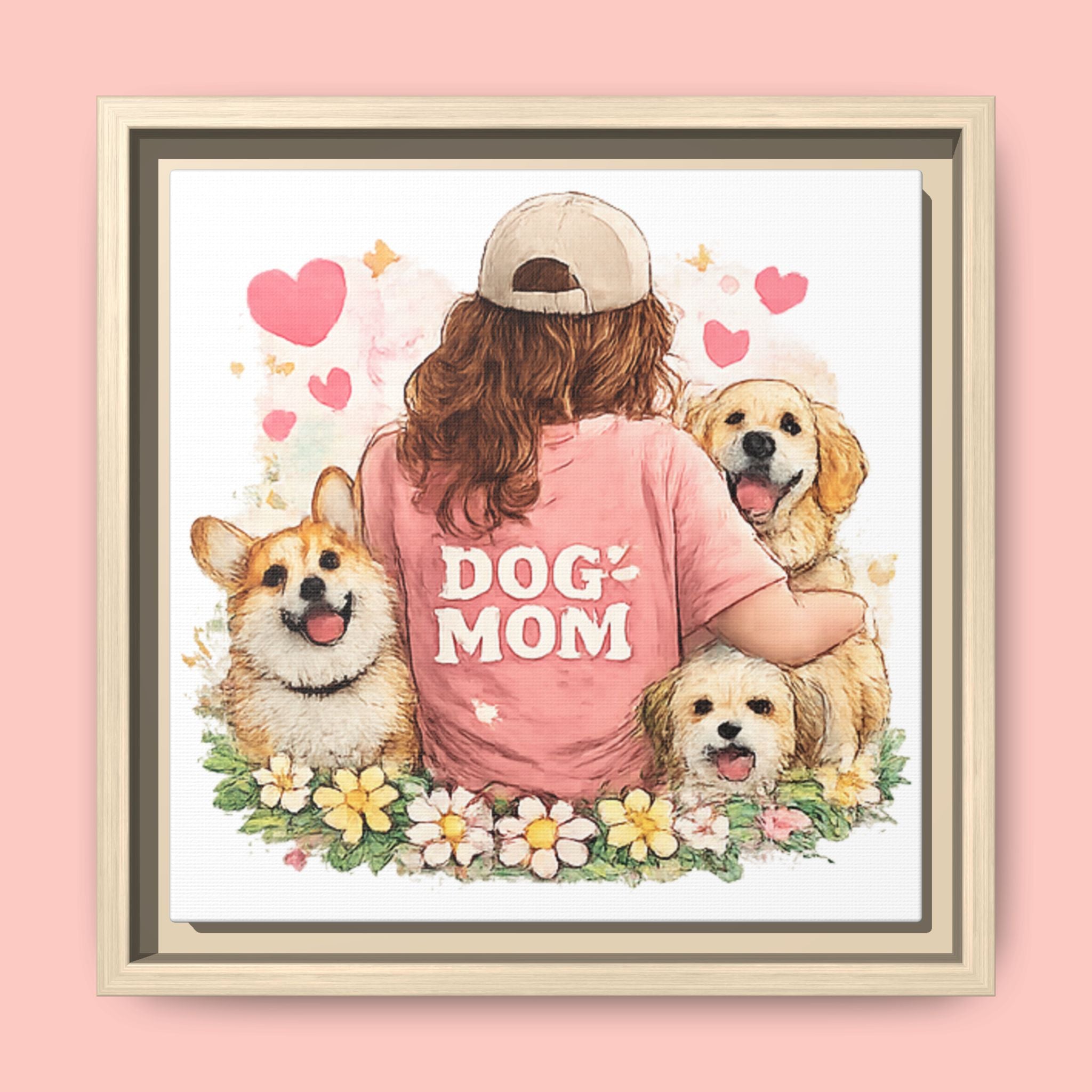 Dog Mom Canvas Print — Framed Matte Wall Art with Cute Dogs & Hearts