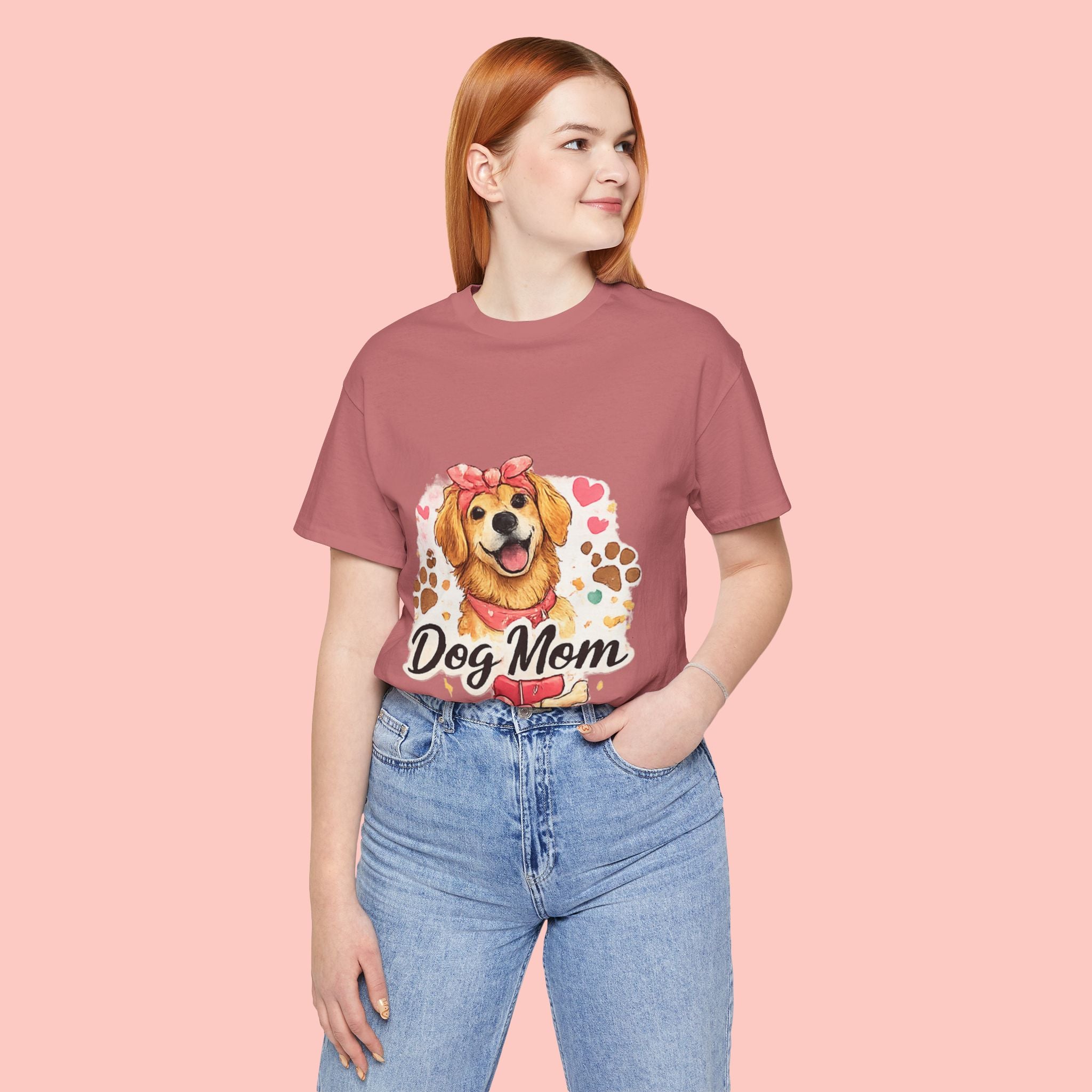 Dog Mom T-Shirt – Cute Golden Retriever Design with Hearts & Paw Prints