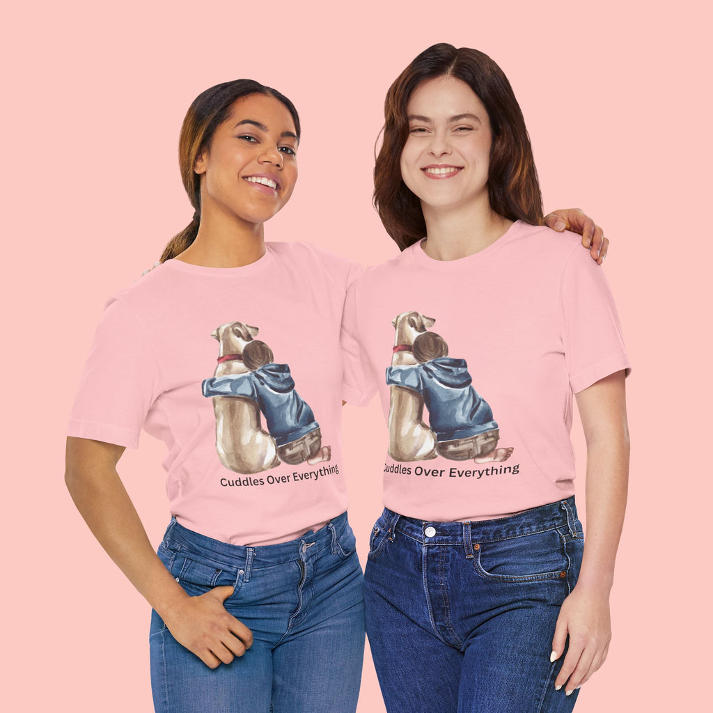 Cuddles Over Everything Tee — Boy Hugging Dog Animal Lover T-Shirt