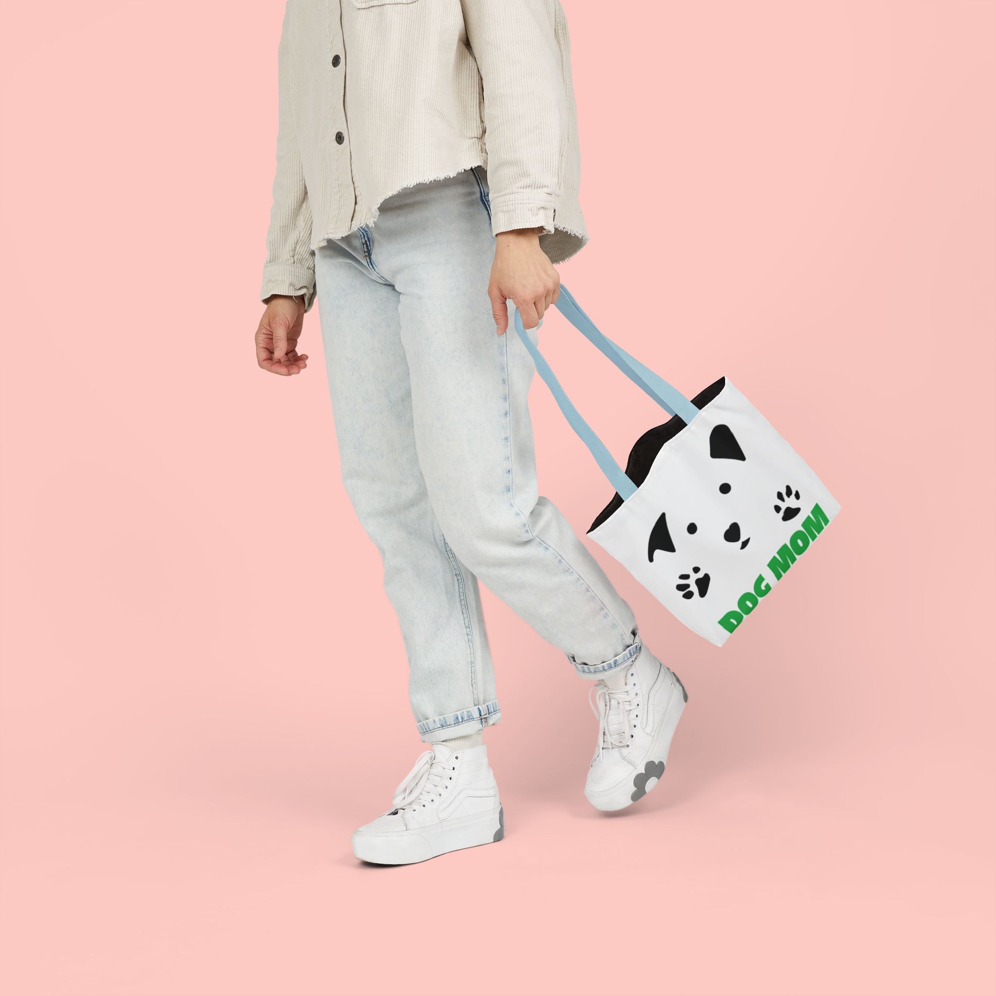 Dog Mom Canvas Tote Bag — Cute Paw Print Dog Face Tote for Pet Lovers