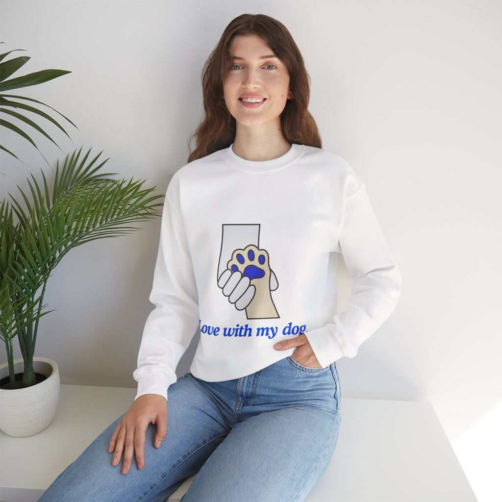 Dog Lover Crewneck Sweatshirt — "Love with my dog." Paw & Hold Graphic