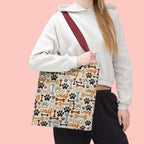 Dog Paw & Bone Pattern Tote Bag — 'Woof' All-Over Print Canvas Tote