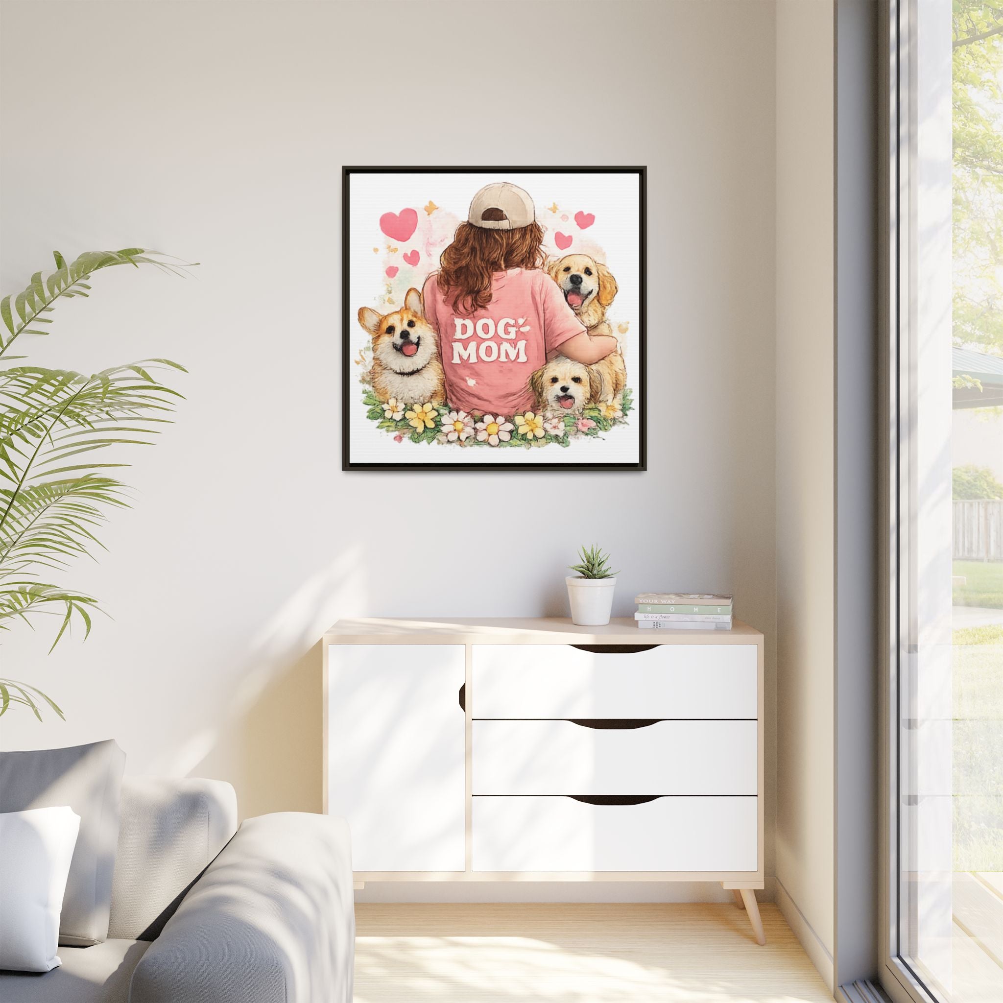 Dog Mom Canvas Print — Framed Matte Wall Art with Cute Dogs & Hearts