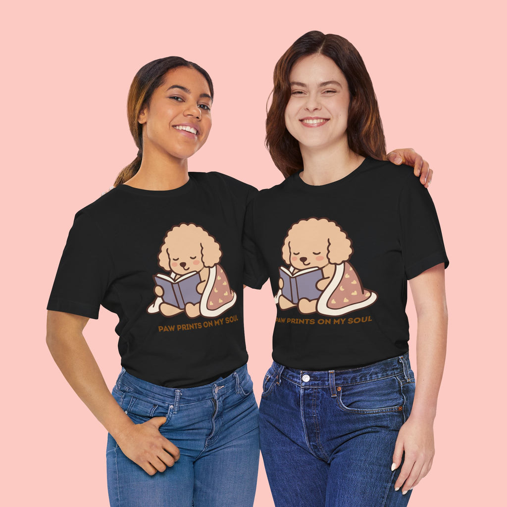 Paw Prints On My Soul T‑Shirt — Cute Reading Puppy Graphic Tee