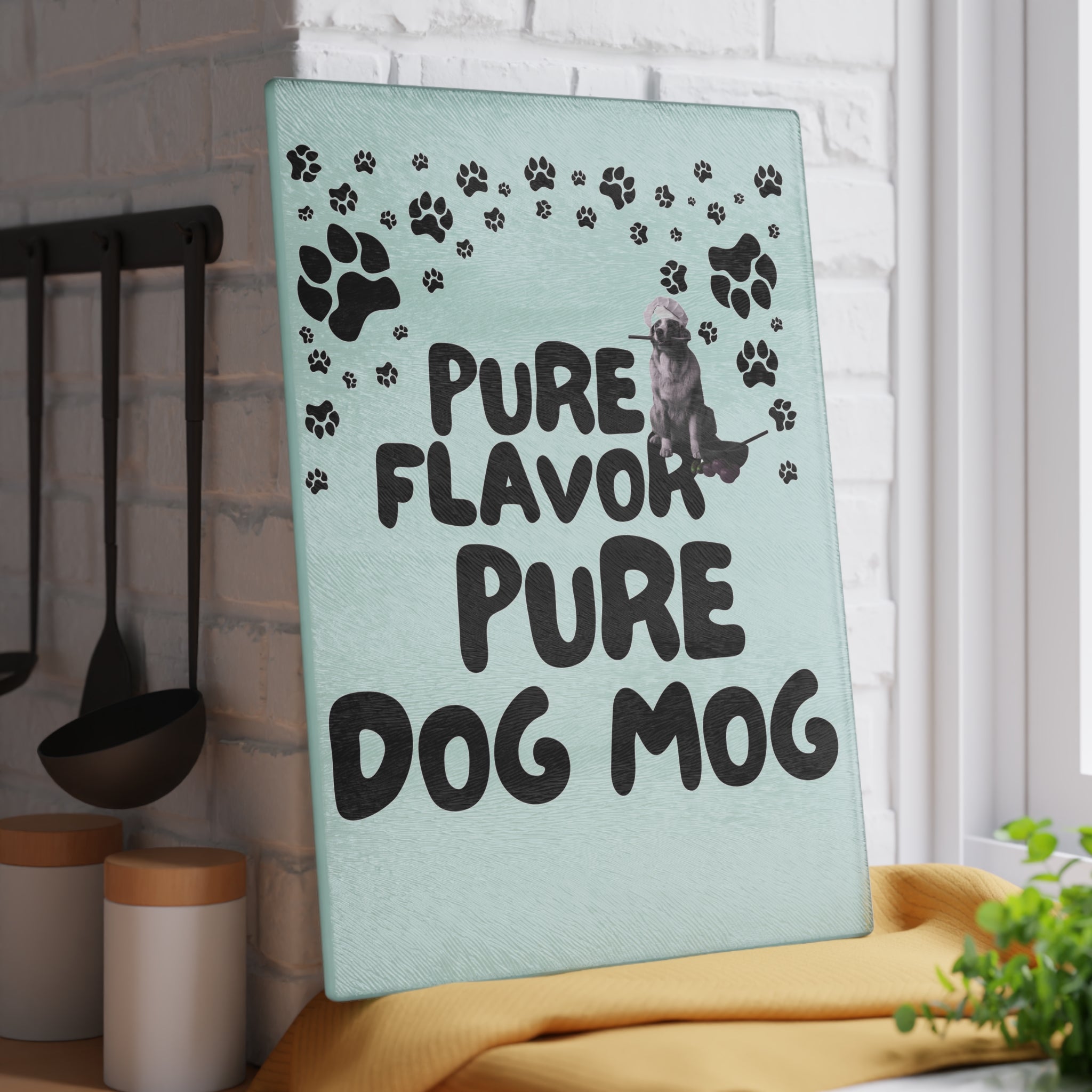 Dog Mom Glass Cutting Board – "Pure Flavor Pure Dog Mom" Paw Print Design