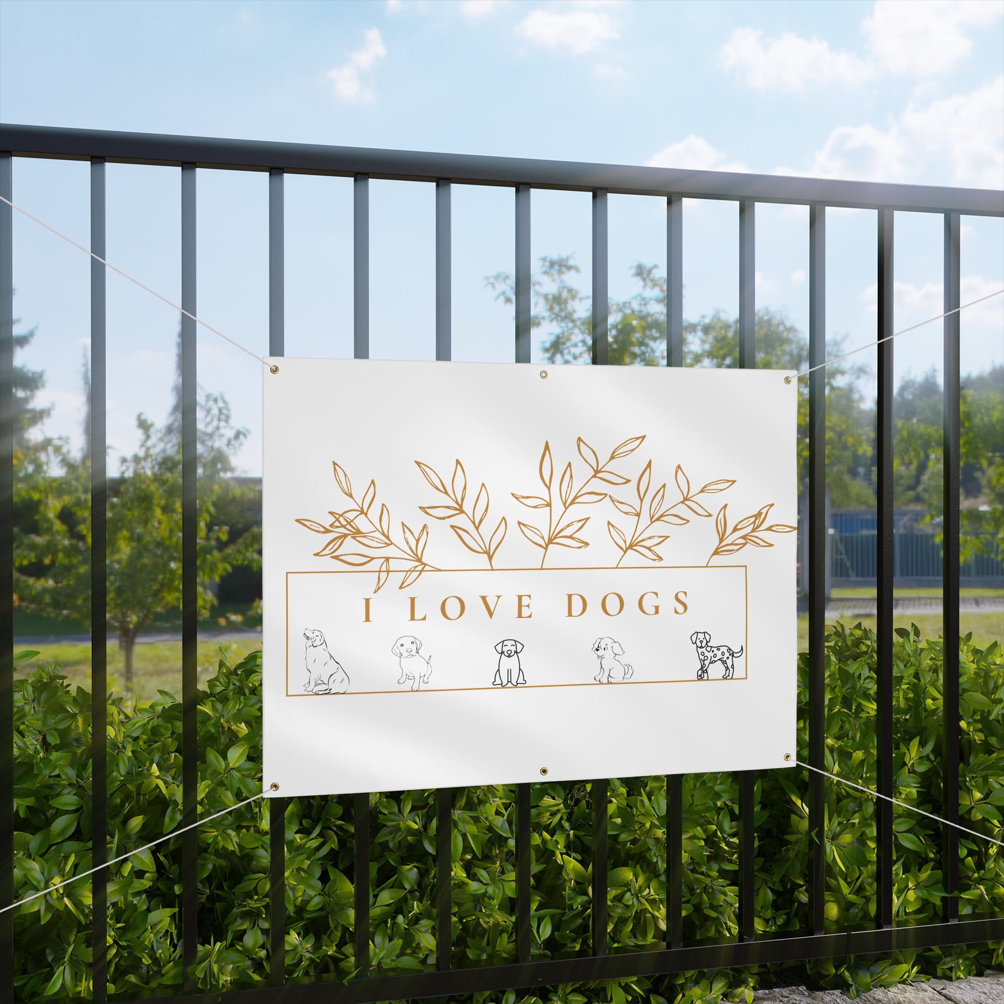 Matte Banner — I Love Dogs Decorative Outdoor/Indoor Sign with Gold Leaf Illustration