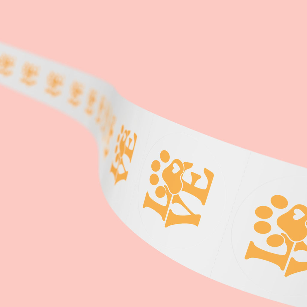 Round Pet Love Sticker Labels — Paw Print "LOVE" Roll