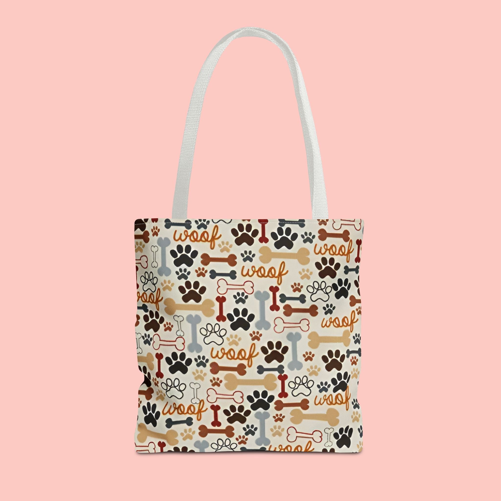 Dog Paw & Bone Pattern Tote Bag — 'Woof' All-Over Print Canvas Tote