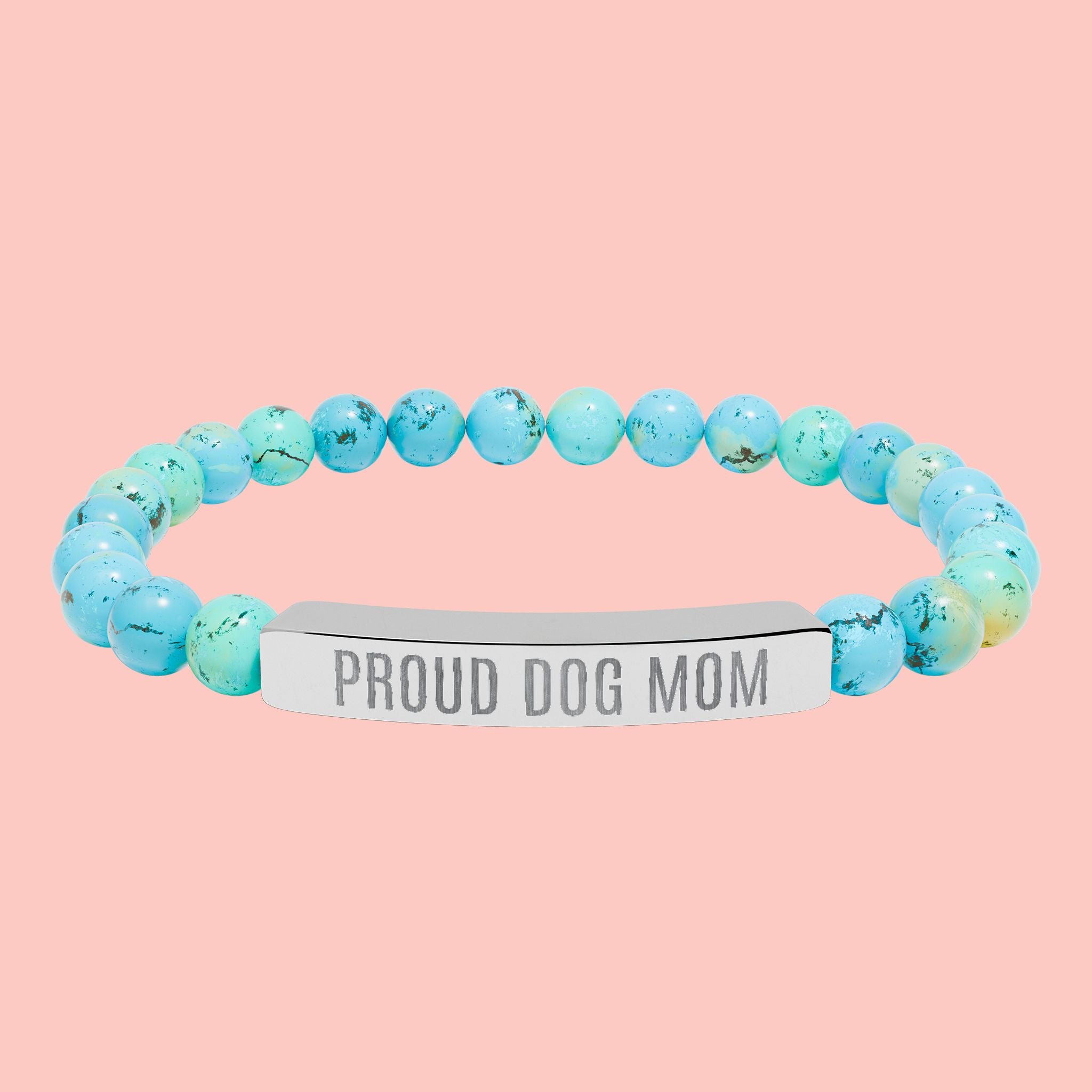Proud Dog Mom Natural Stone Stretch Bracelet – Engraved Bar Gift for Pet Lovers