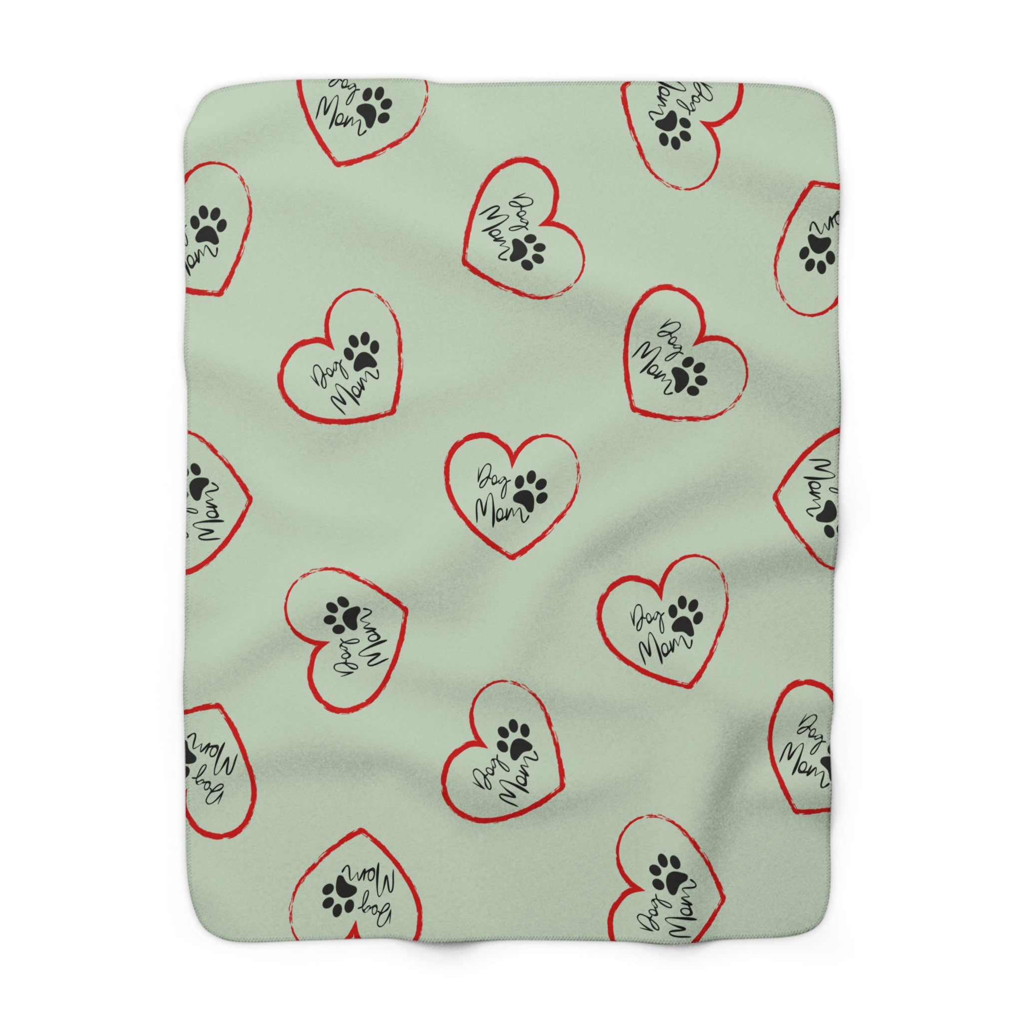 Sherpa Blanket — Mint Heart Paw Print "Dog Mom" Cozy Throw