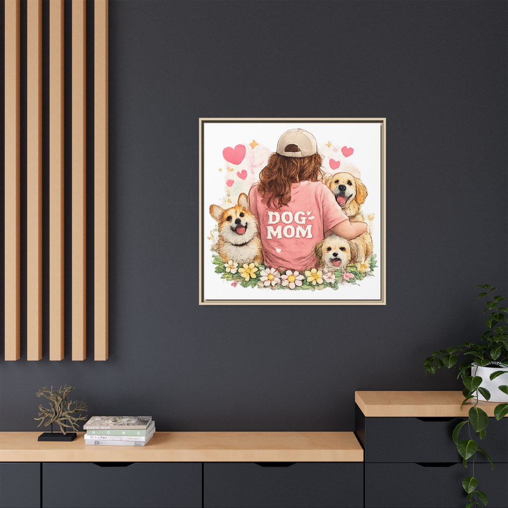 Dog Mom Canvas Print — Framed Matte Wall Art with Cute Dogs & Hearts