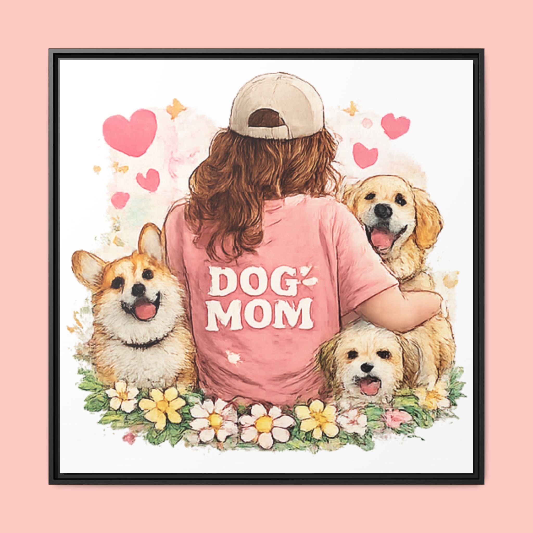 Dog Mom Canvas Print — Framed Matte Wall Art with Cute Dogs & Hearts