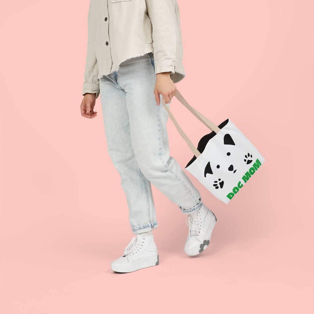 Dog Mom Canvas Tote Bag — Cute Paw Print Dog Face Tote for Pet Lovers