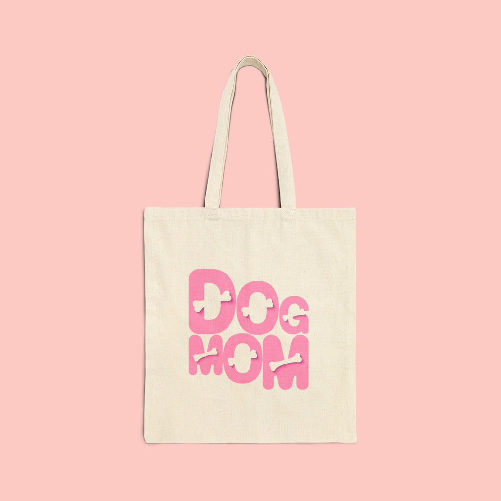 Dog Mom Canvas Tote Bag — Pink Retro Graphic Cotton Shopper for Pet Lovers