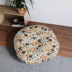 Round Tufted Floor Pillow — Neutral Paw Print Pattern for Pet Lovers