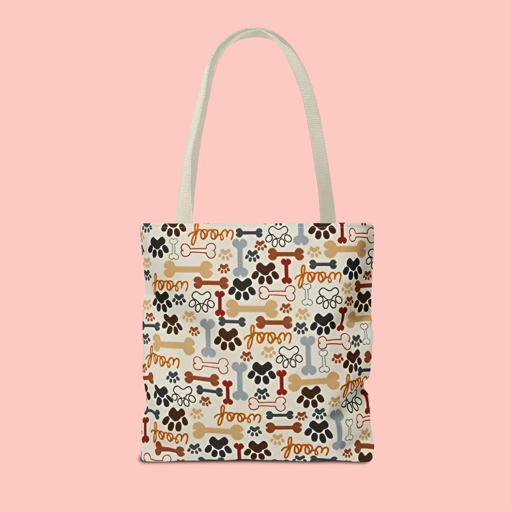 Dog Paw & Bone Pattern Tote Bag — 'Woof' All-Over Print Canvas Tote