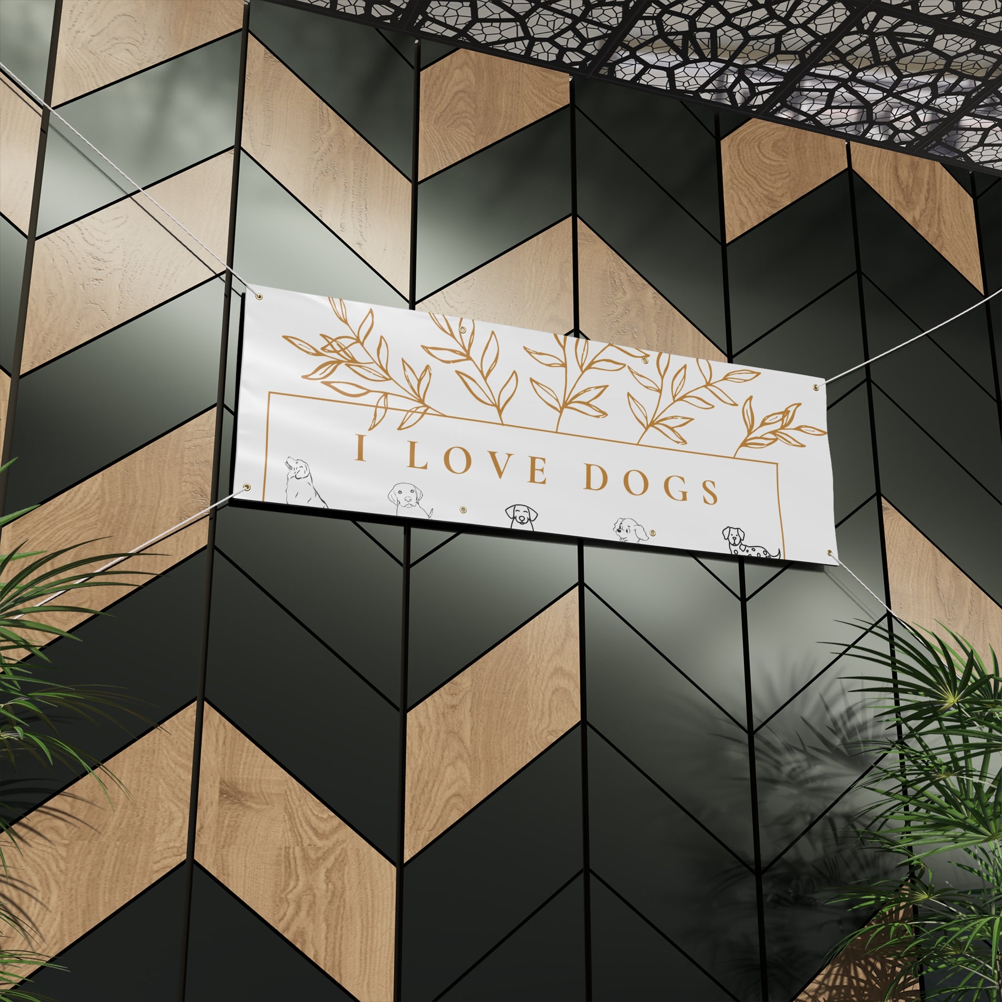 Matte Banner — I Love Dogs Decorative Outdoor/Indoor Sign with Gold Leaf Illustration