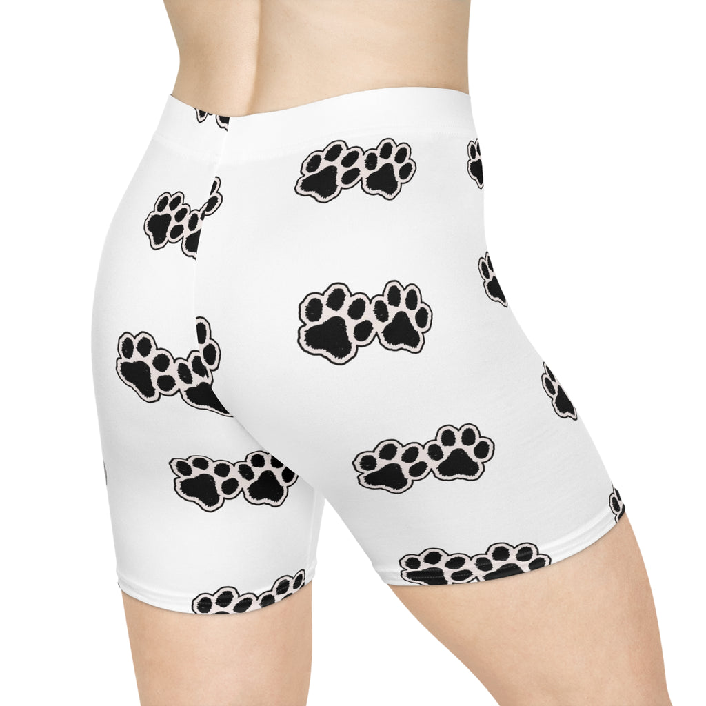 Paw Print Biker Shorts — Women's White Pet Lover Activewear