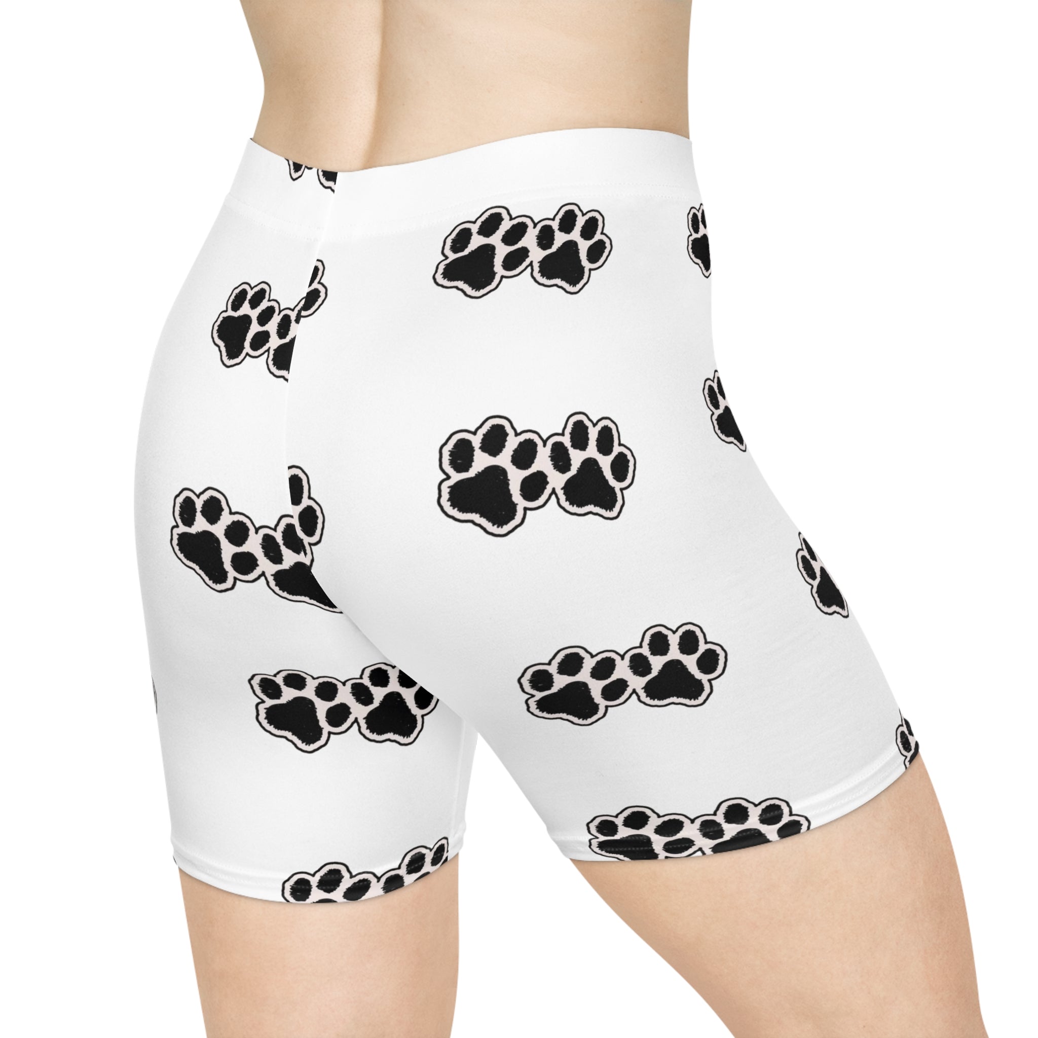 Paw Print Biker Shorts — Women's White Pet Lover Activewear