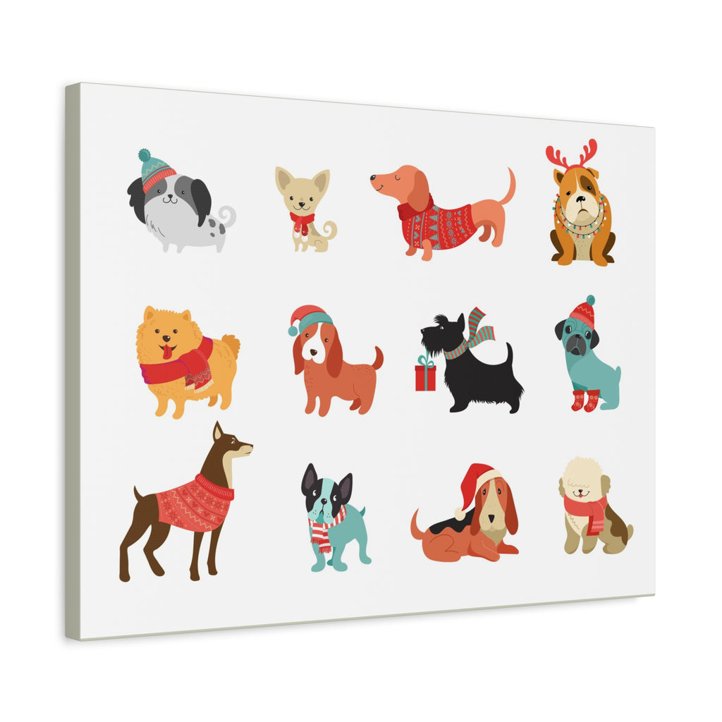 Holiday Dogs Canvas Wall Art — Cute Dachshund, Pug & Mixed Breeds in Winter Sweaters