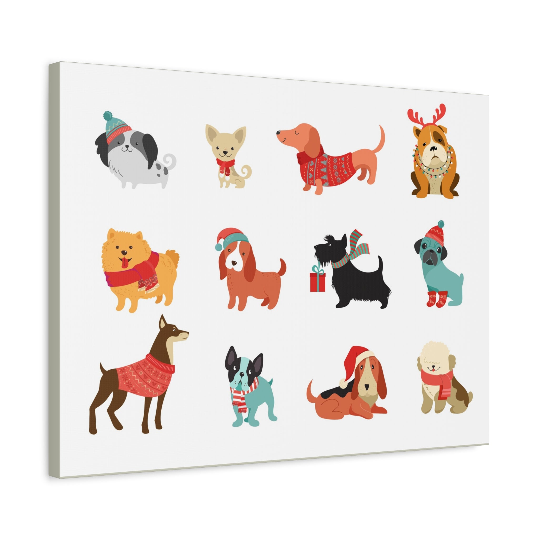 Holiday Dogs Canvas Wall Art — Cute Dachshund, Pug & Mixed Breeds in Winter Sweaters
