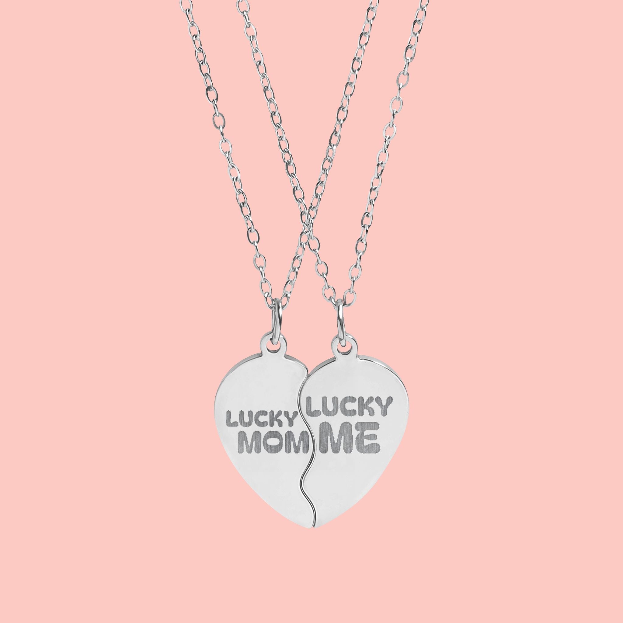 Break-Apart Heart Necklace Set — "Lucky Mom" & "Lucky Me" Engraved Split Pendant