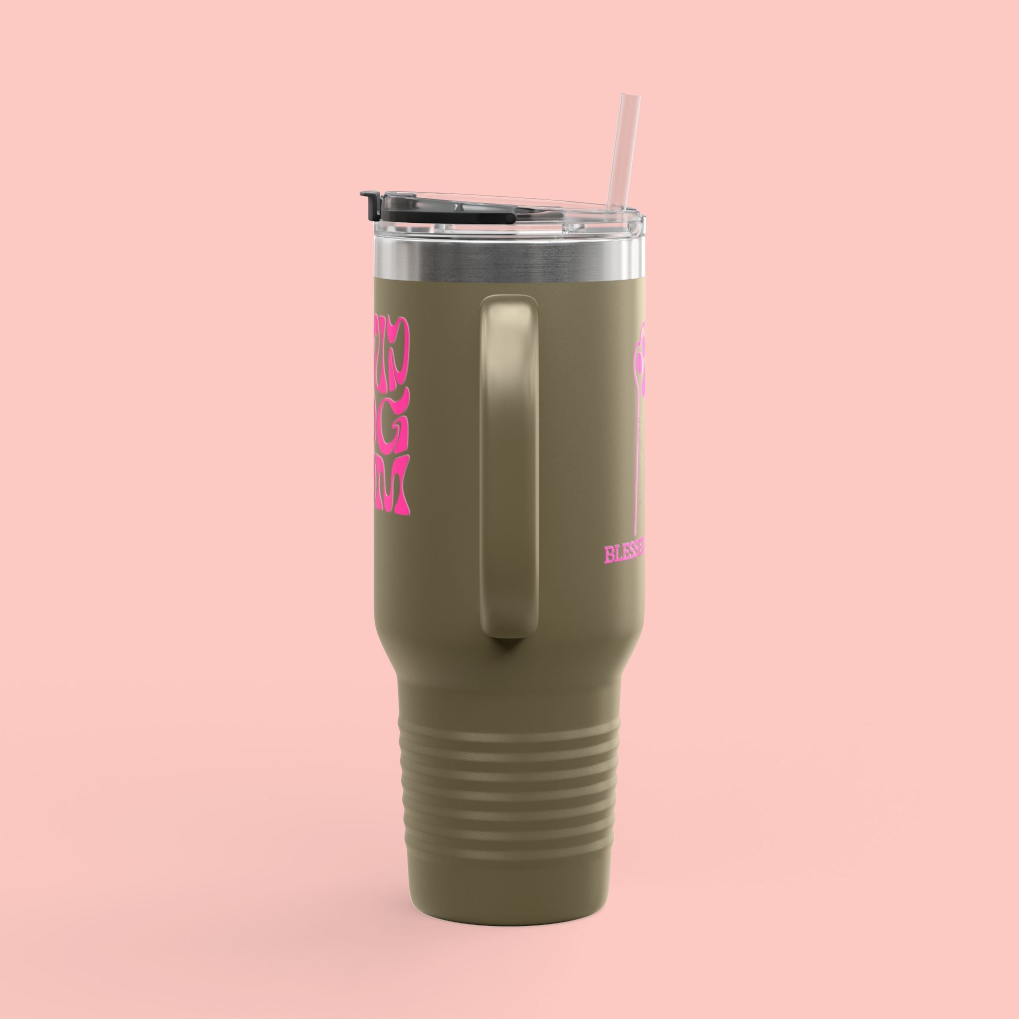 40oz Insulated Travel Mug — 'Groovy Mom' Pink Retro Design