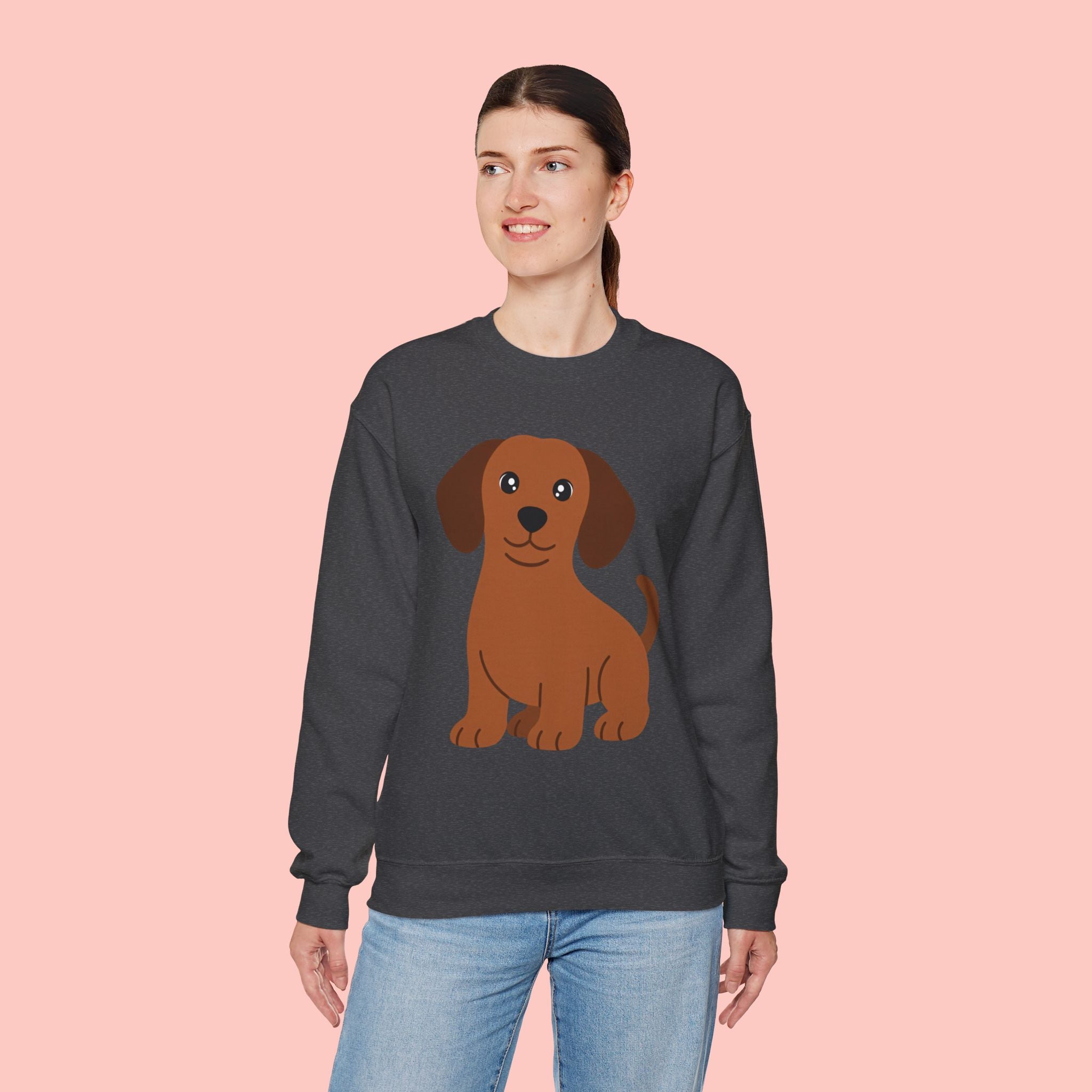Cute Brown Puppy Sweatshirt — Cartoon Dachshund Crewneck for Dog Lovers