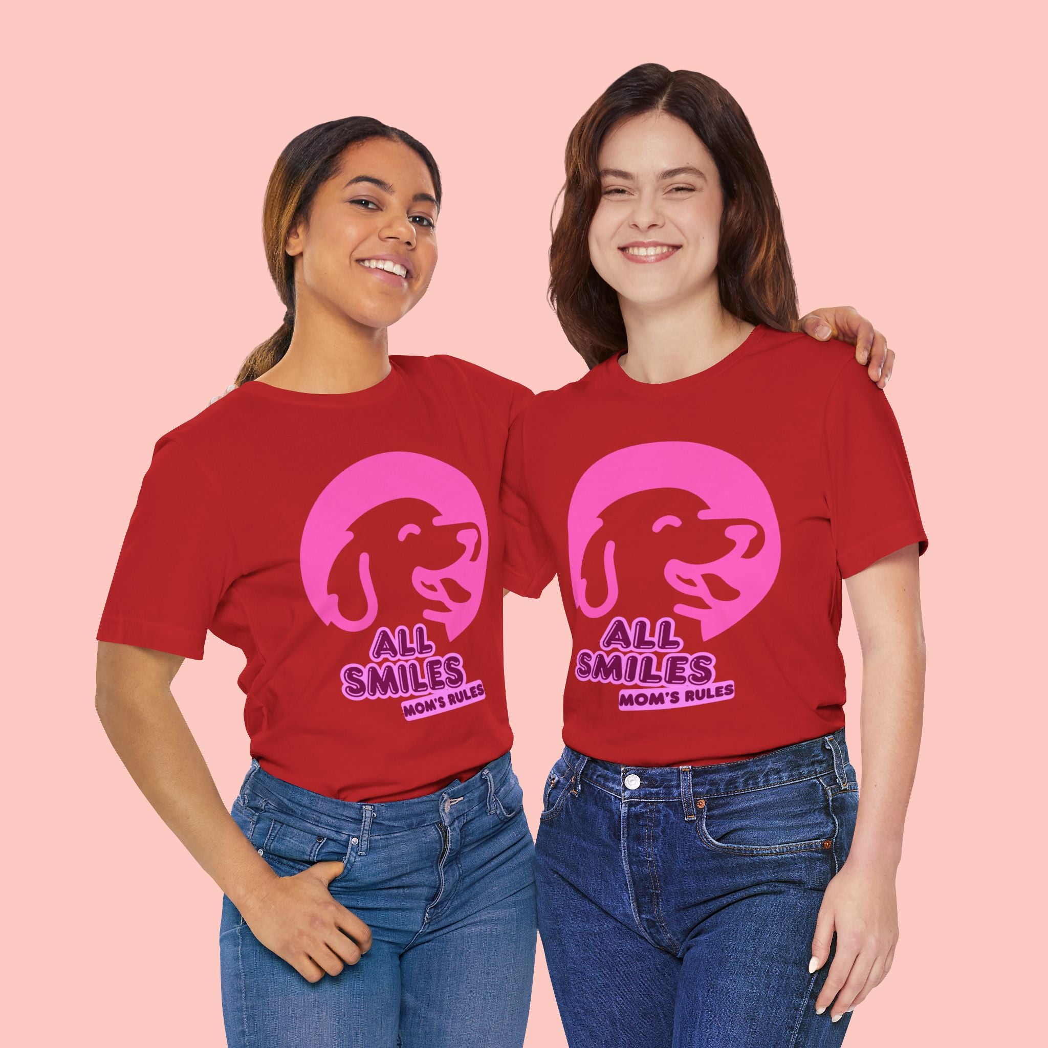 All Smiles Mom's Rules T-Shirt — Cute Pink Dog Graphic Tee for Moms & Pet Lovers