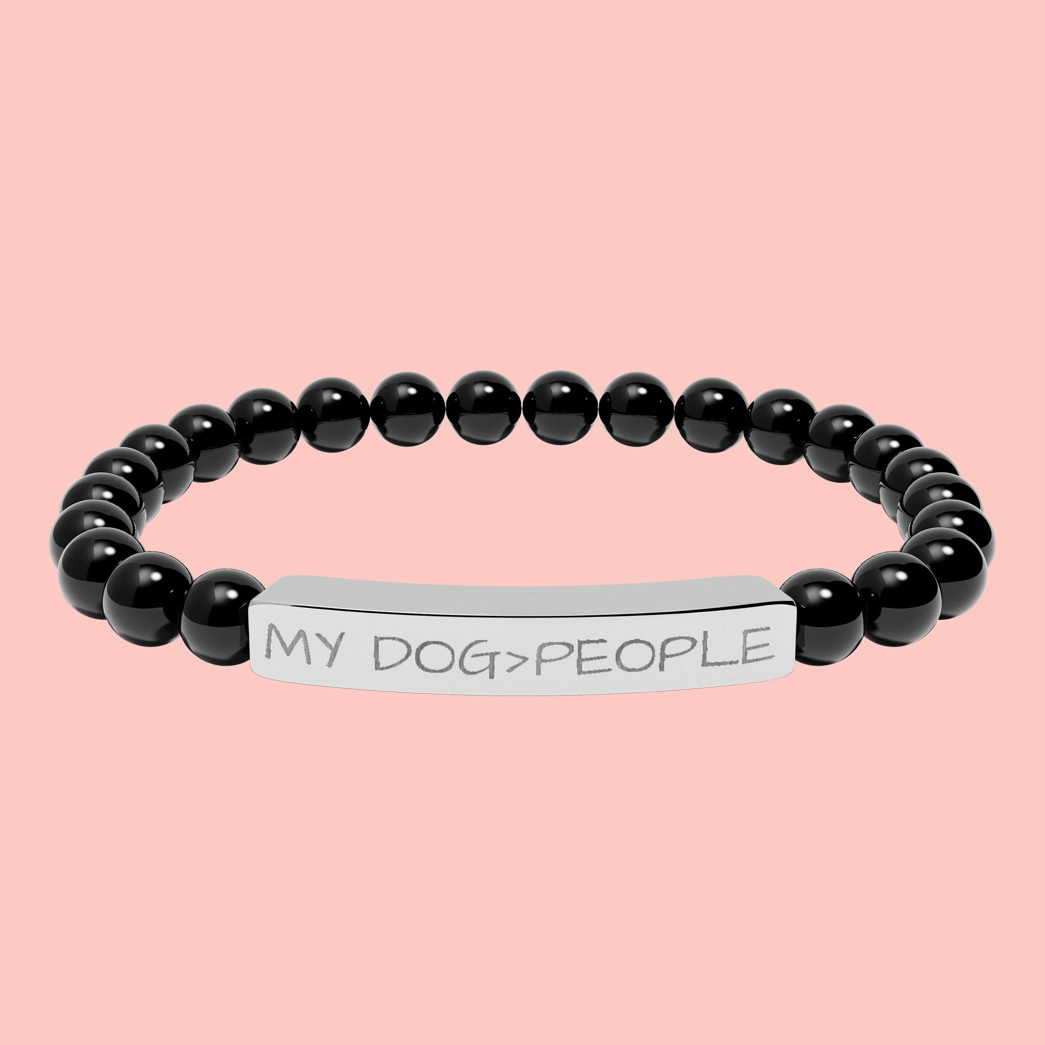 Engraved Natural Stone Bar Bracelet — "My Dog = People" Stretch Bracelet