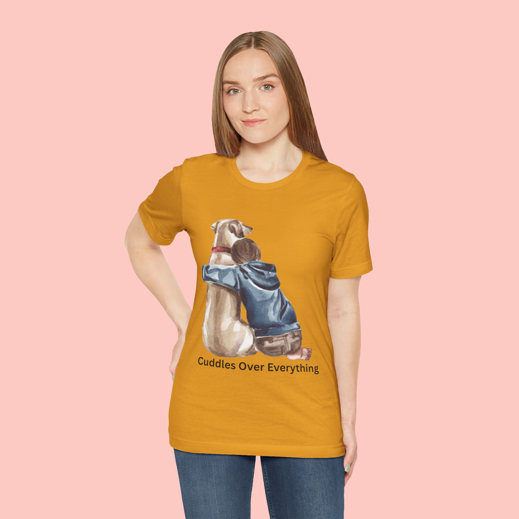Cuddles Over Everything Tee — Boy Hugging Dog Animal Lover T-Shirt