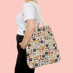 Dog Paw & Bone Pattern Tote Bag — 'Woof' All-Over Print Canvas Tote
