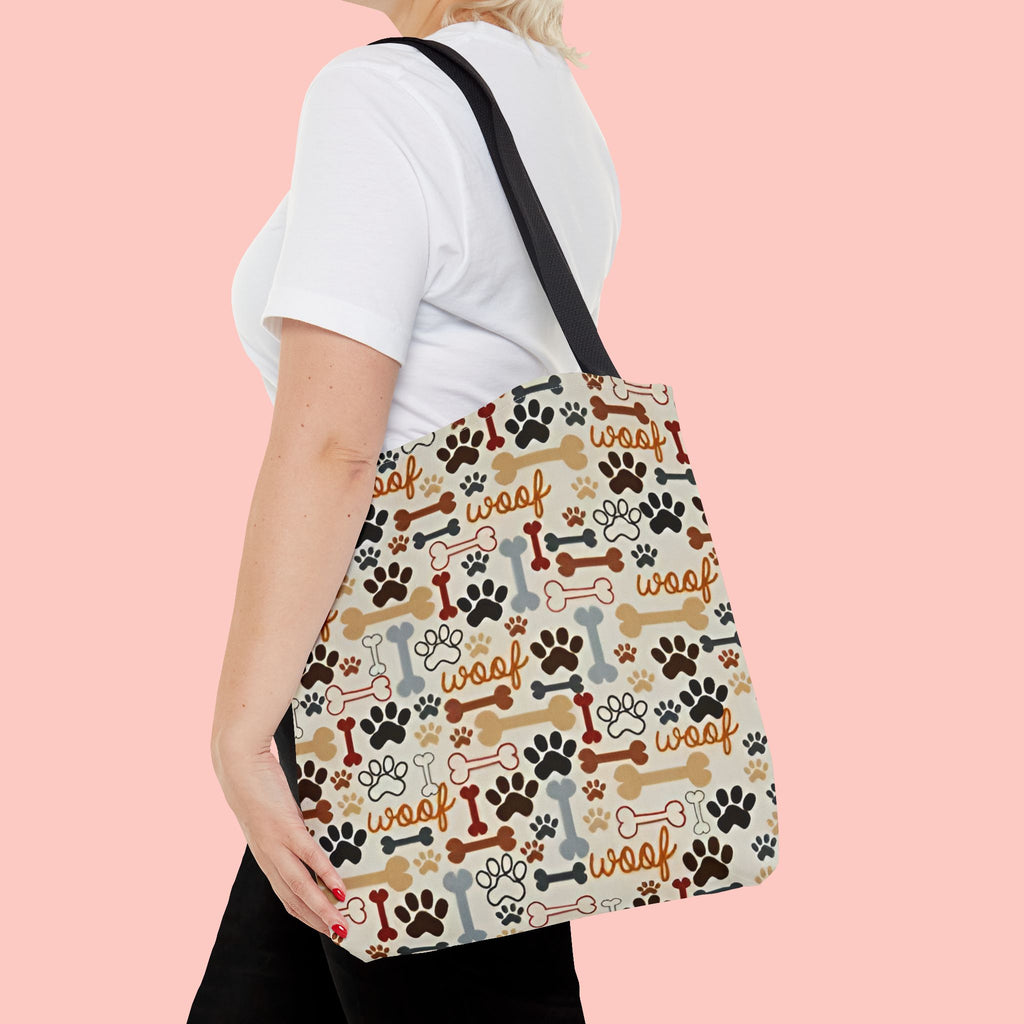 Dog Paw & Bone Pattern Tote Bag — 'Woof' All-Over Print Canvas Tote