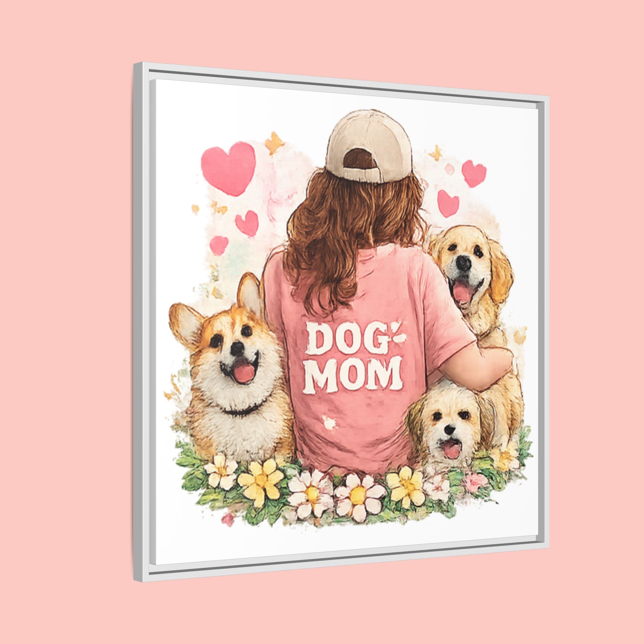 Dog Mom Canvas Print — Framed Matte Wall Art with Cute Dogs & Hearts