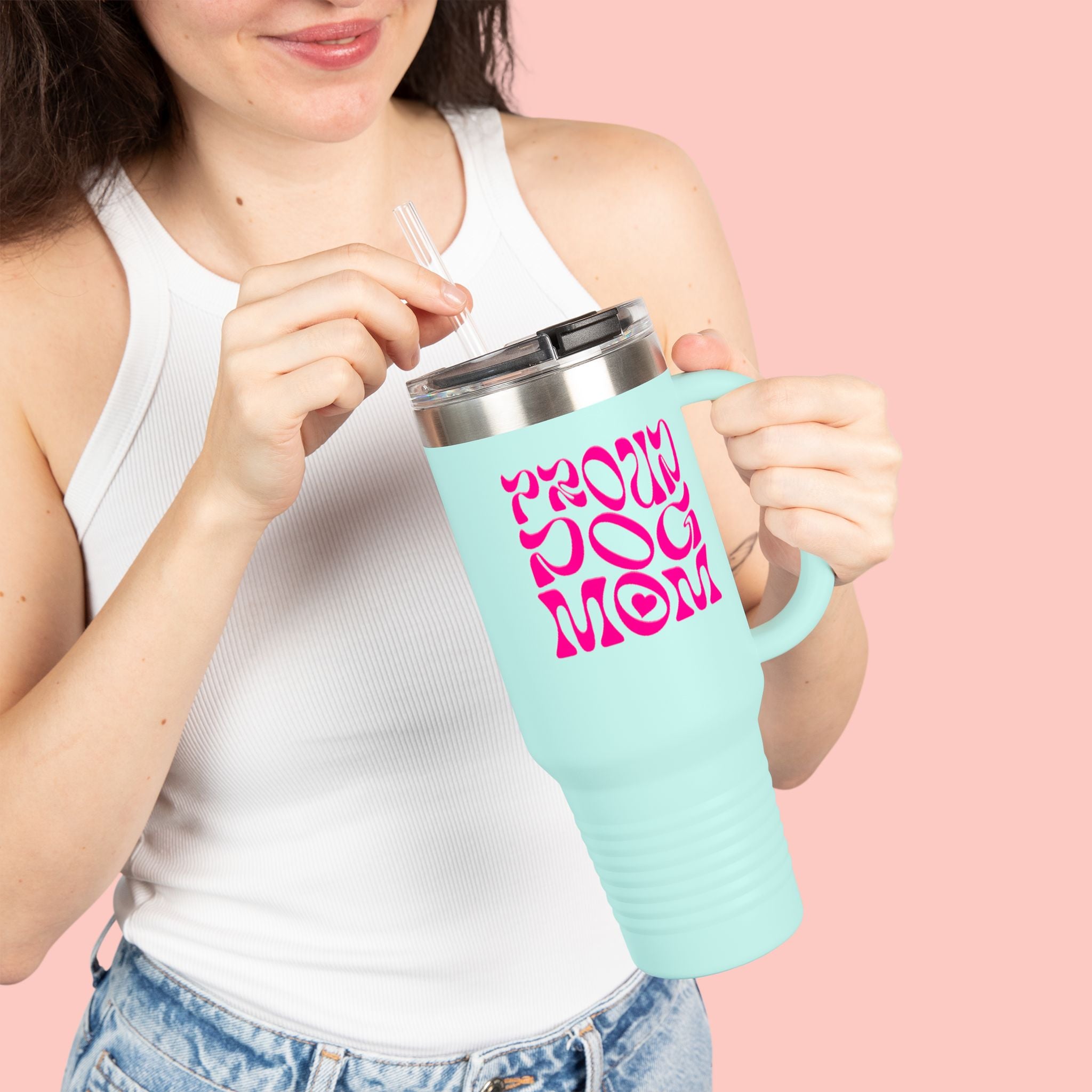 40oz Insulated Travel Mug — 'Groovy Mom' Pink Retro Design