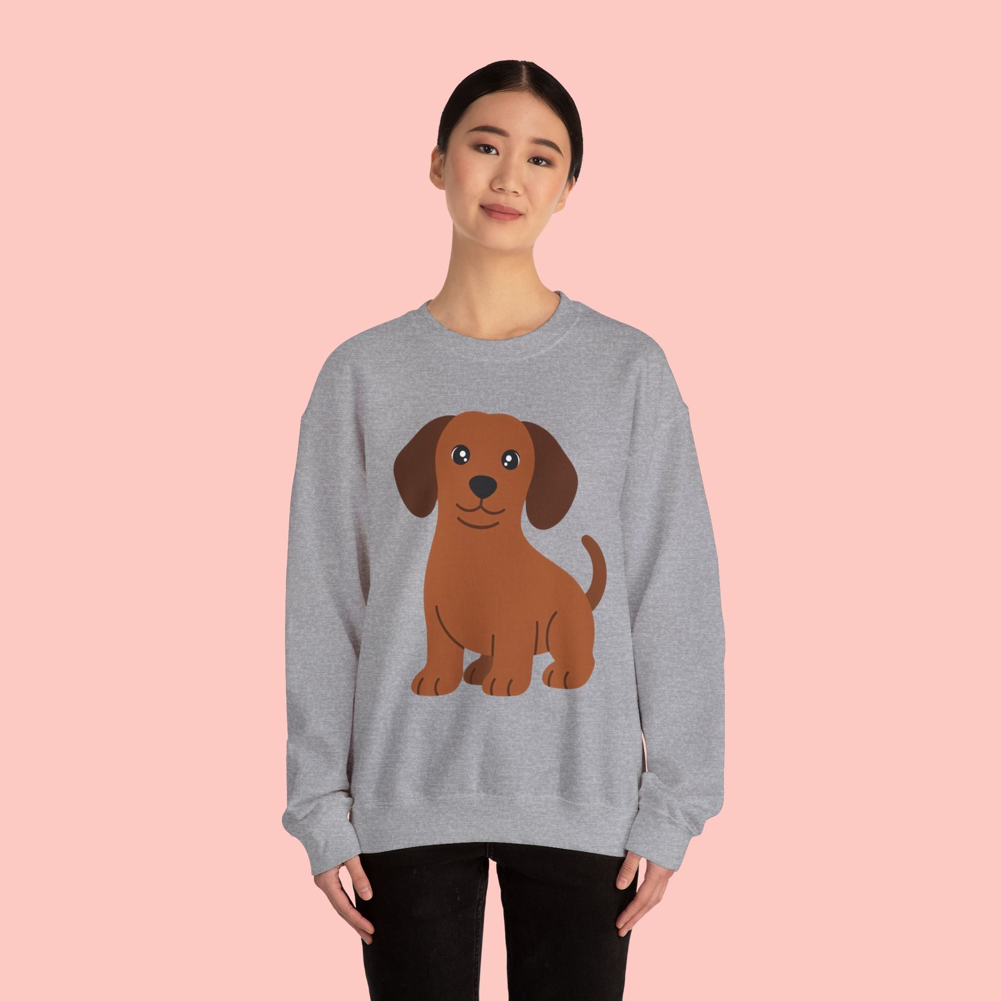 Cute Brown Puppy Sweatshirt — Cartoon Dachshund Crewneck for Dog Lovers