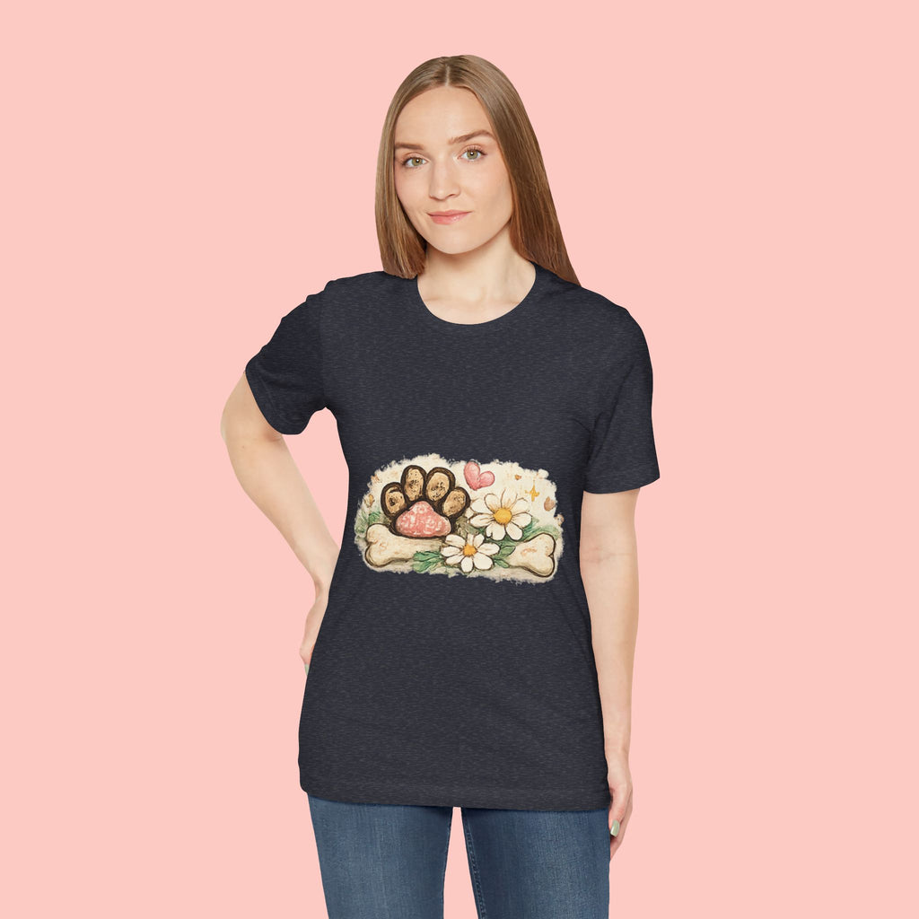 Dog Paw Floral T-Shirt — Cute Paw Print, Bone & Daisies Tee
