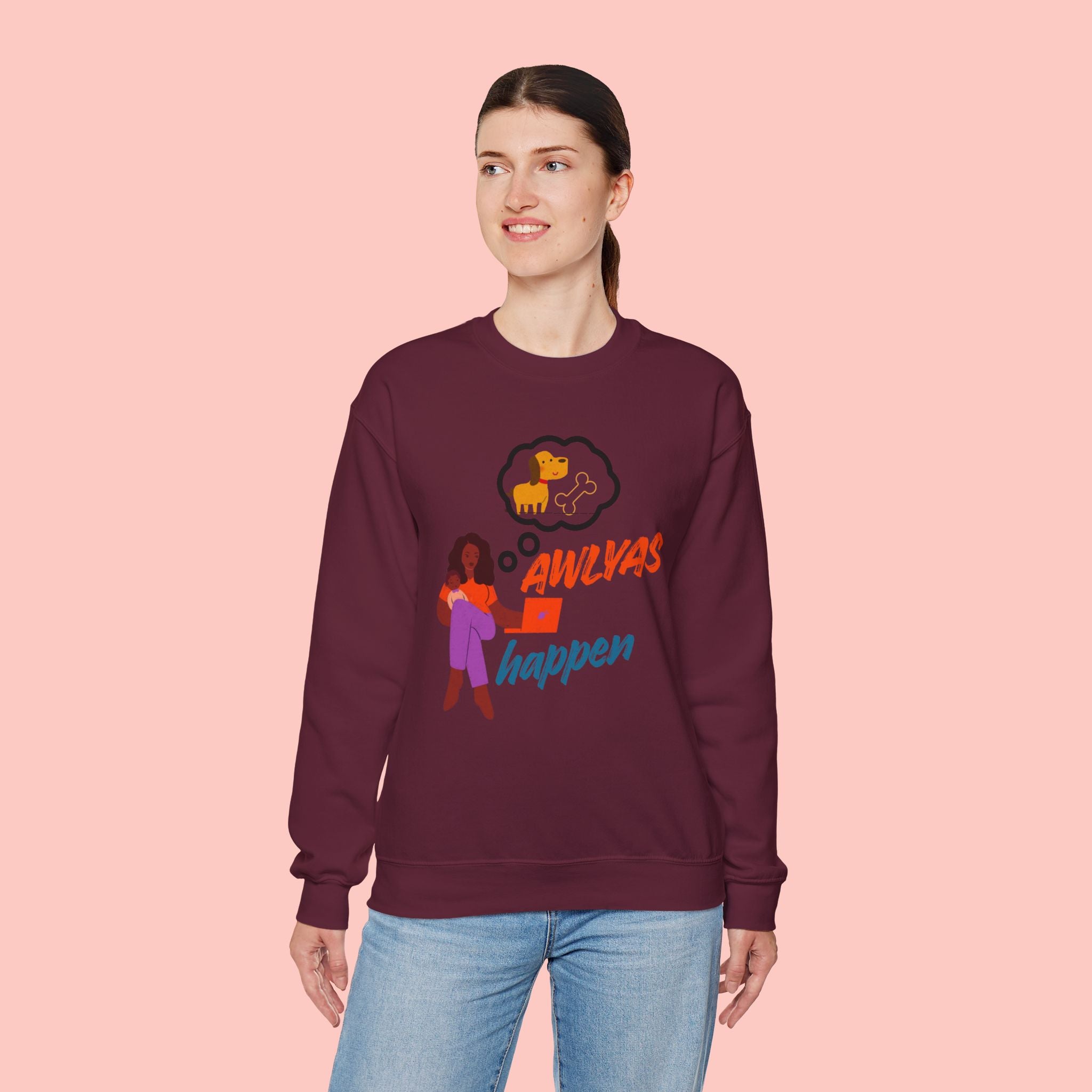 Always Happen Crewneck Sweatshirt – Funny Coffee & Snack Thought Graphic