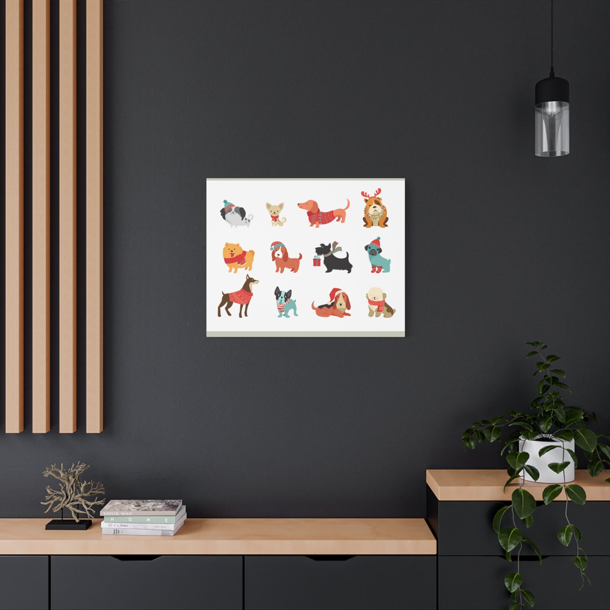 Holiday Dogs Canvas Wall Art — Cute Dachshund, Pug & Mixed Breeds in Winter Sweaters