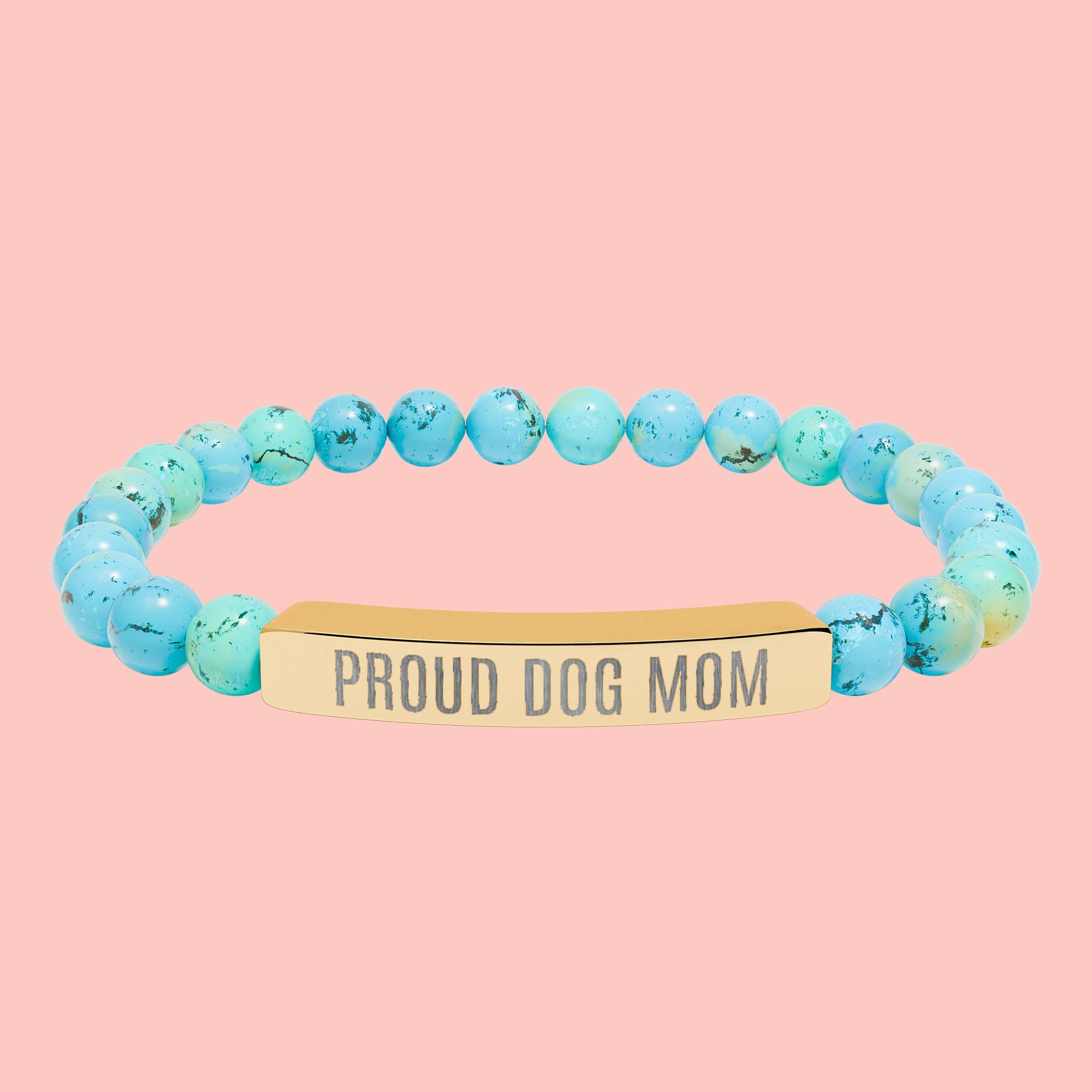 Proud Dog Mom Natural Stone Stretch Bracelet – Engraved Bar Gift for Pet Lovers