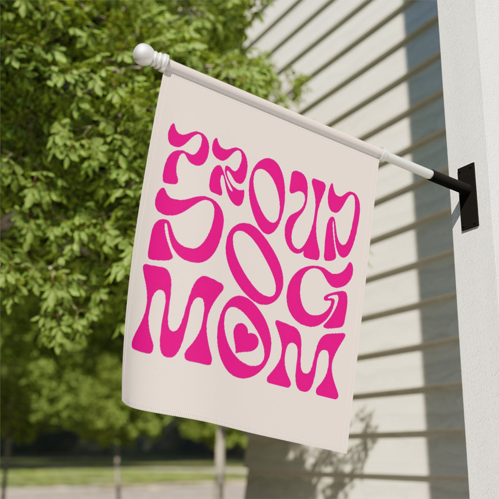 Garden Flag — 'Proud Dog Mom' Pink Retro Script Outdoor Banner