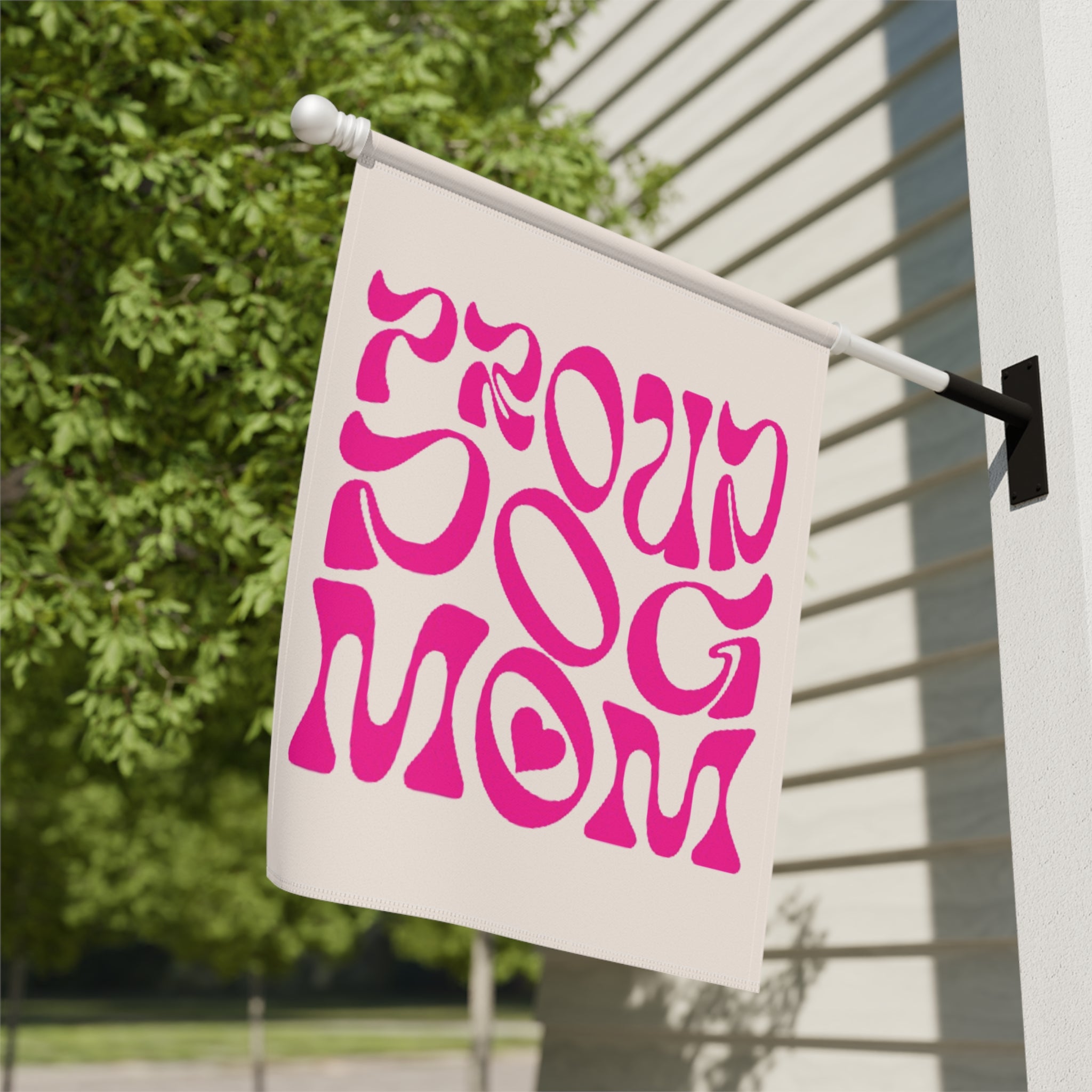 Garden Flag — 'Proud Dog Mom' Pink Retro Script Outdoor Banner